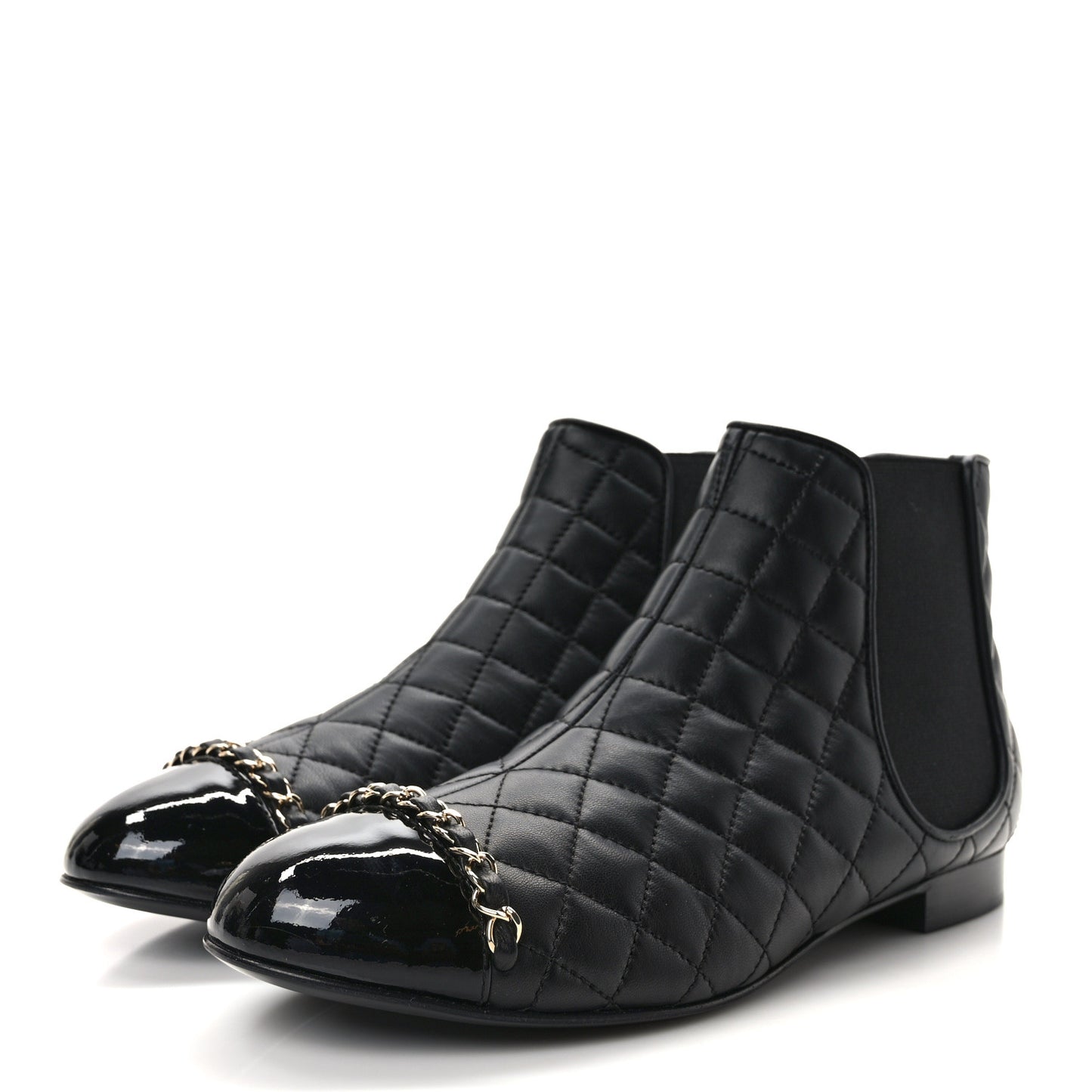 Lambskin Patent Chain Cap Toe Quilted Short Boots 38.5 Black