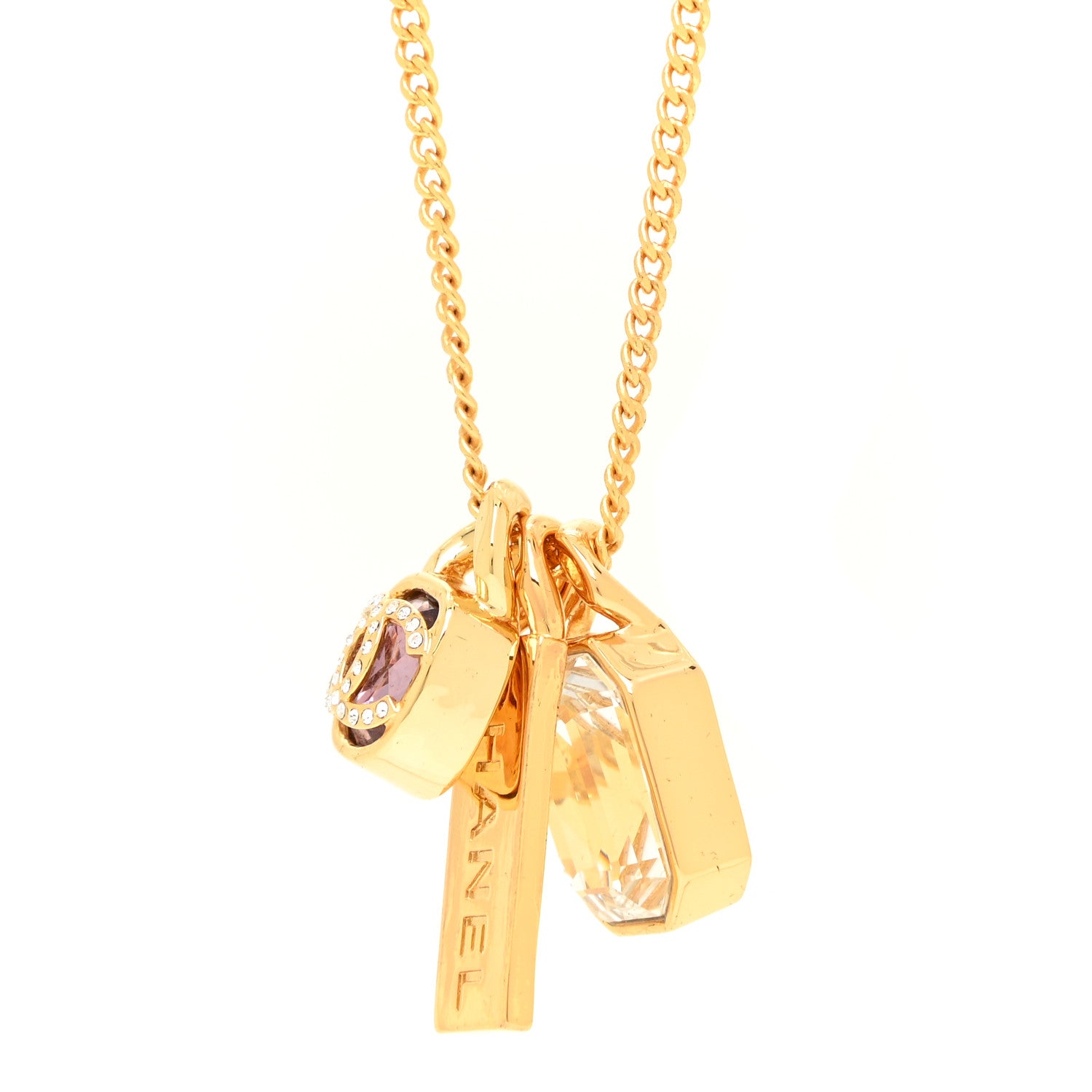 Chanel Metal Crystal Charm Necklace Purple Gold 4 of 5
