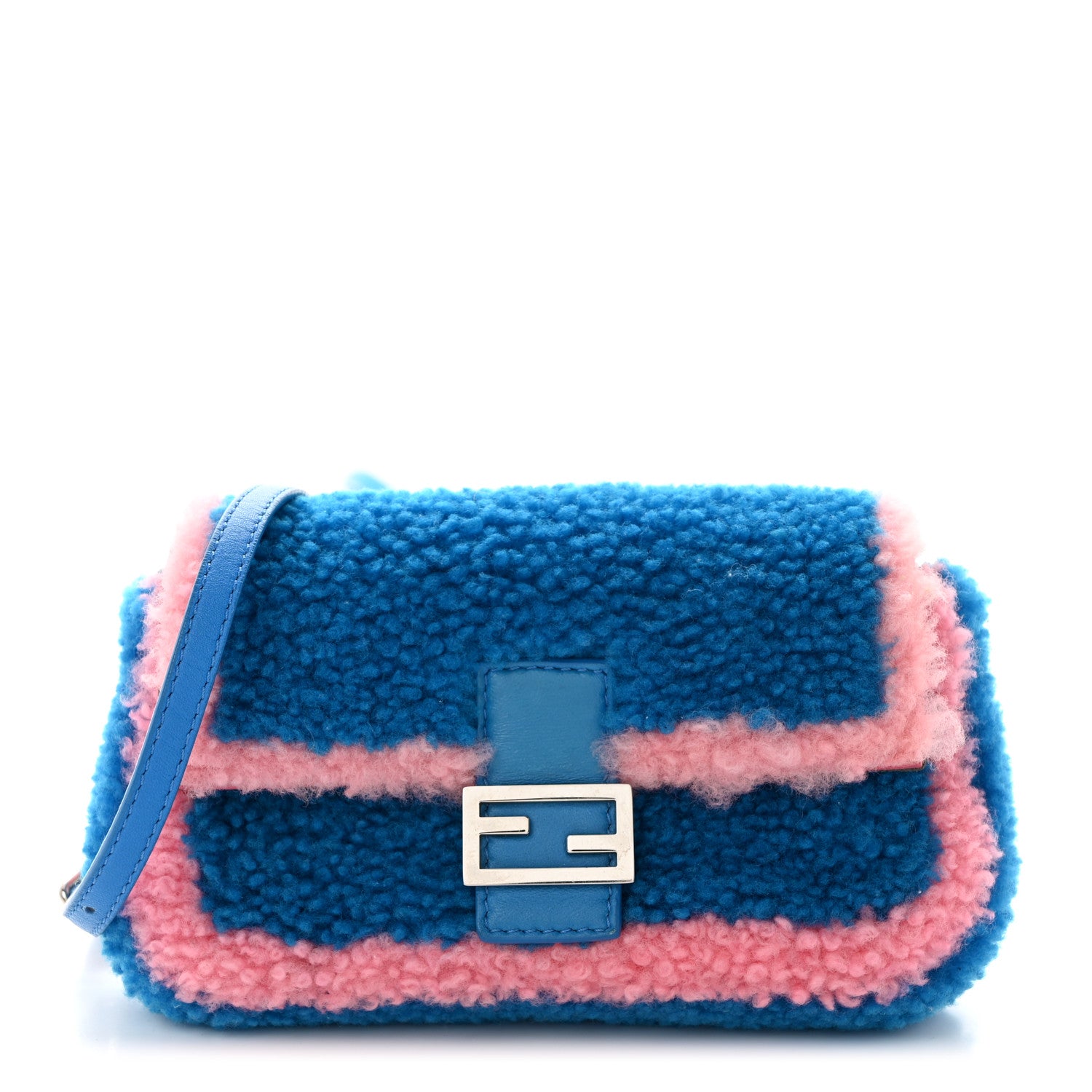 Fendi Shearling Shiny Nappa Baguette Blue Pink 1 of 10