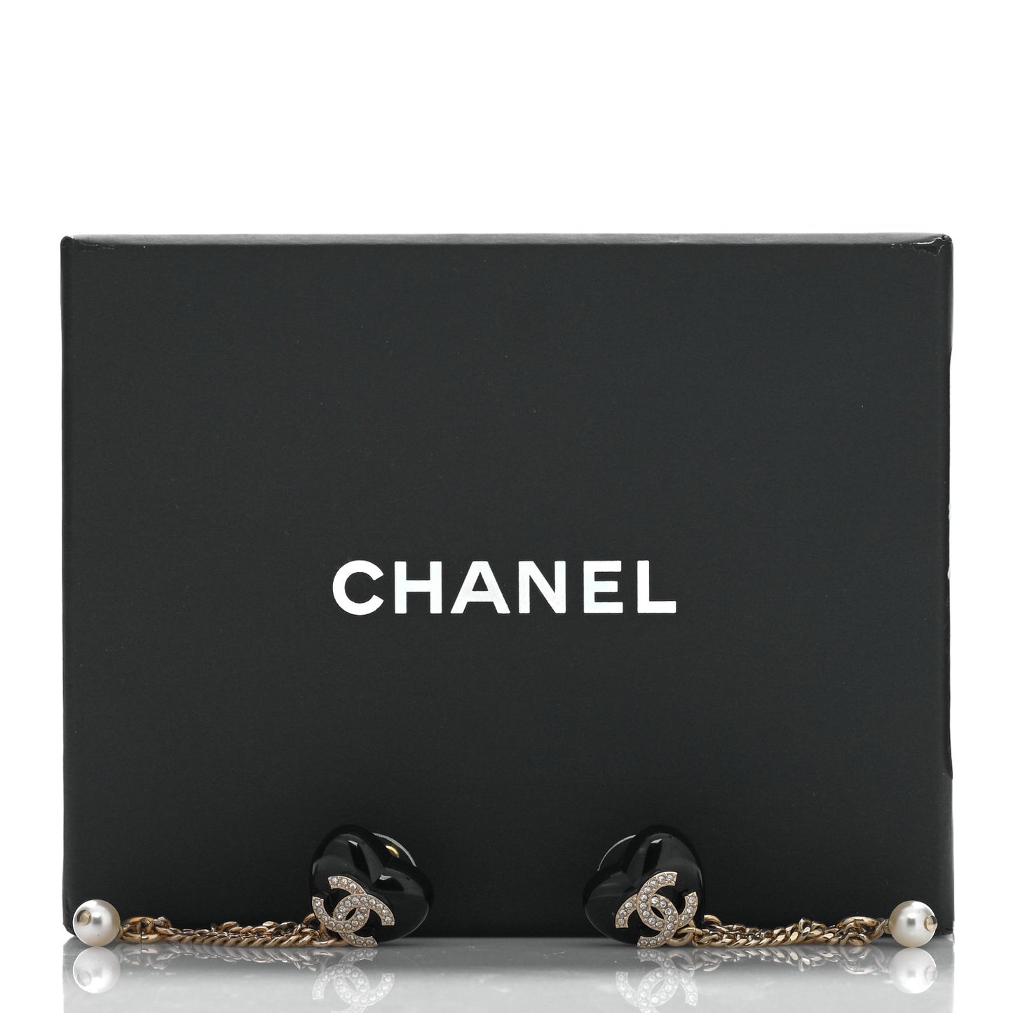 Resin Crystal Pearl CC Heart Chain Drop Earrings Black Gold