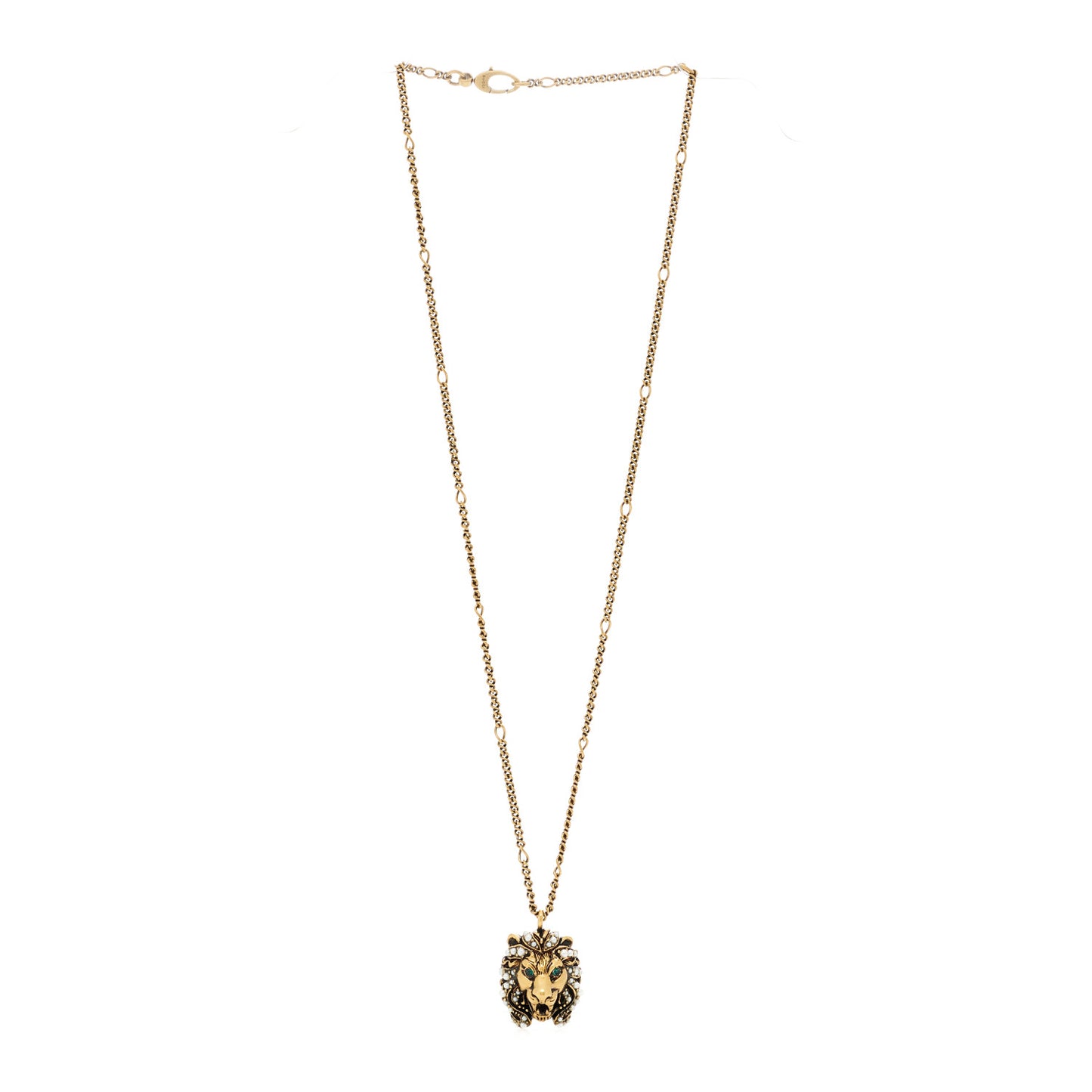 Metal Pearl Crystal Lion Head Necklace Aged Gold Multicolor