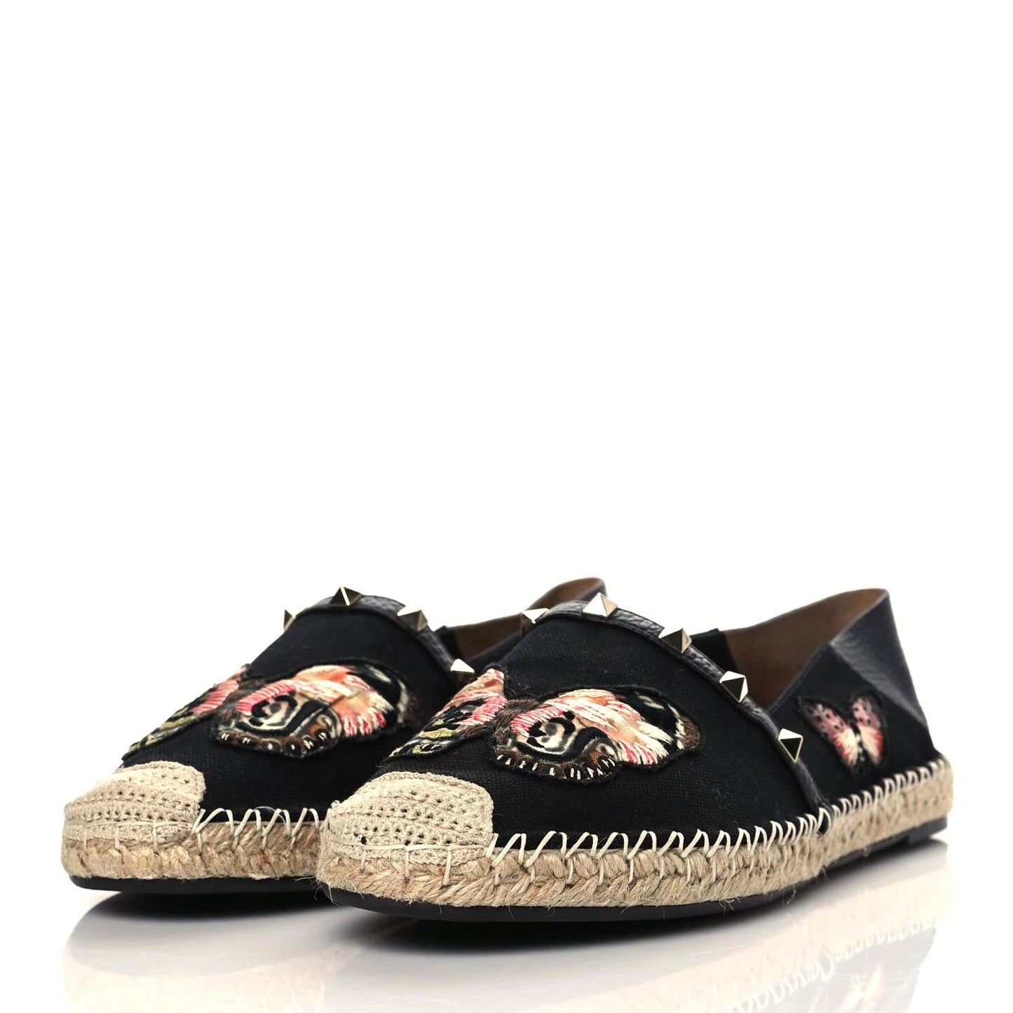 Denim Butterfly Embroidered Rockstud Espadrille Flats 41 Black Multicolor