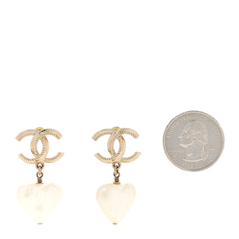 Pearl CC Heart Drop Earrings Gold