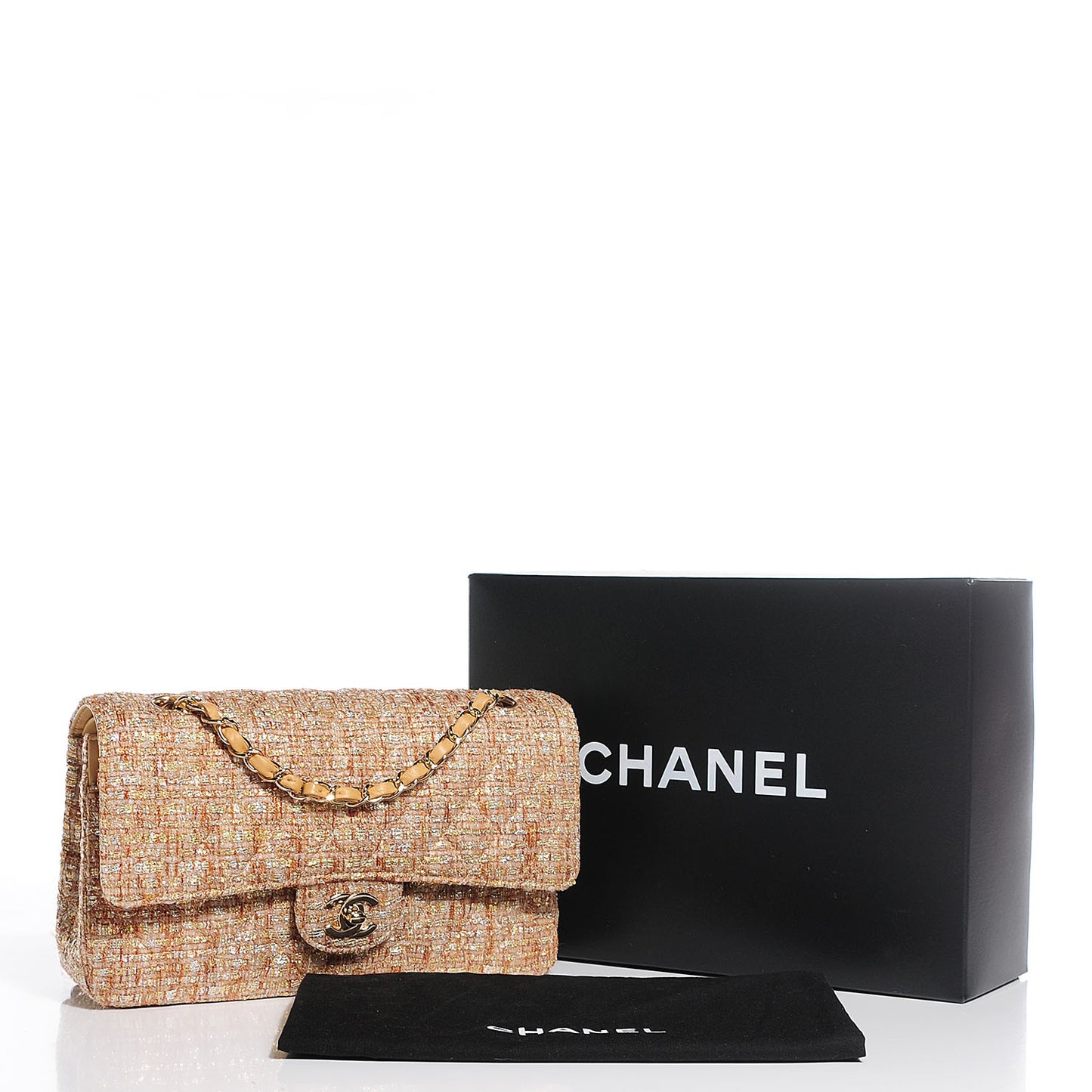Tweed Quilted Medium Double Flap Brown Gold