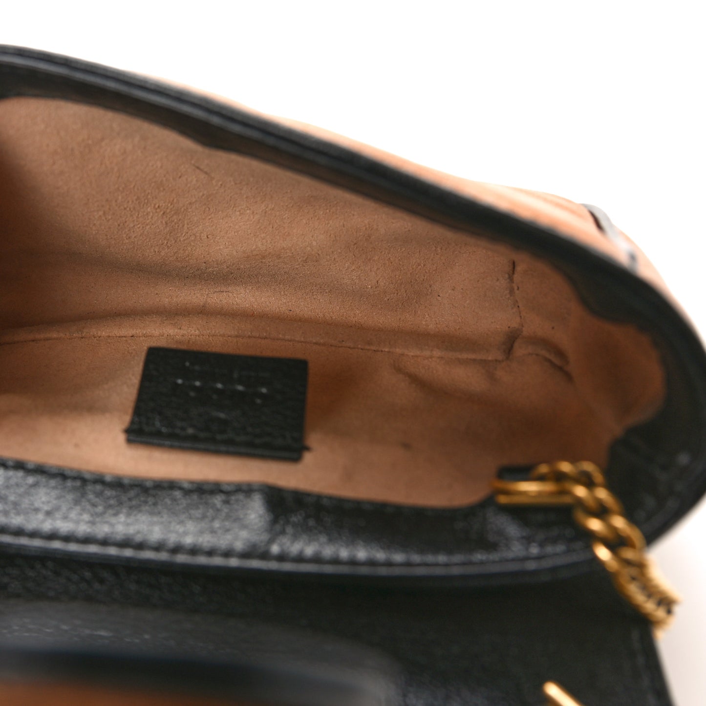 Vintage Effect Calfskin Matelasse Diagonal Super Mini GG Marmont Shoulder Bag Cognac Black