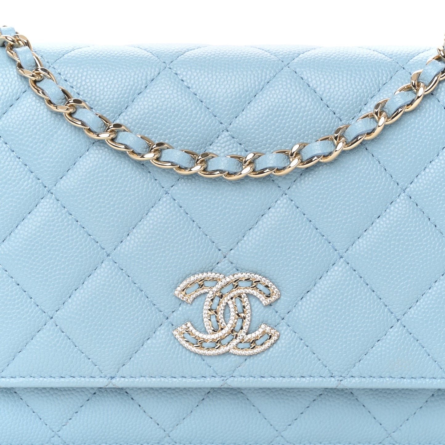 Caviar Quilted Crystal CC Wallet On Chain WOC Light Blue