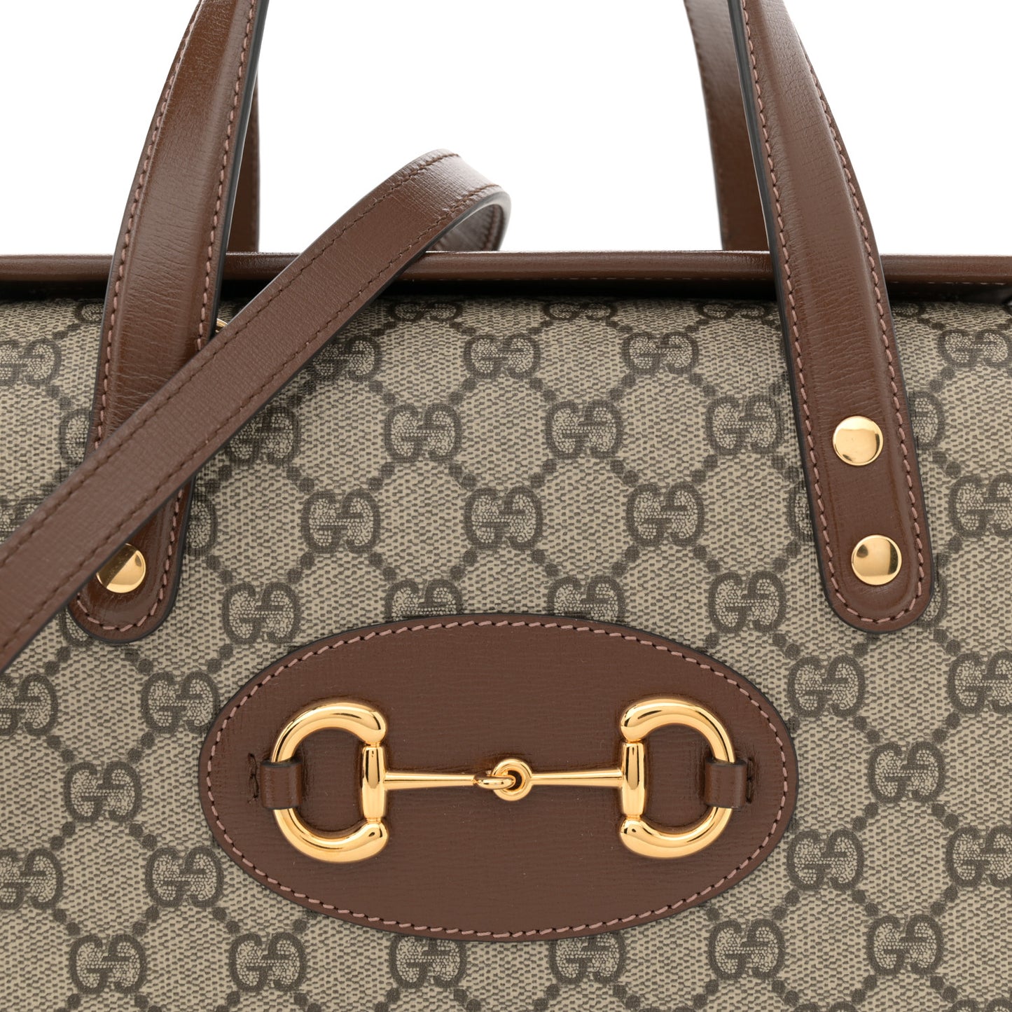 GG Supreme Monogram Azalea Calfskin Mini Horsebit 1955 Foldover Top Handle Bag Beige Ebony Brown Sugar