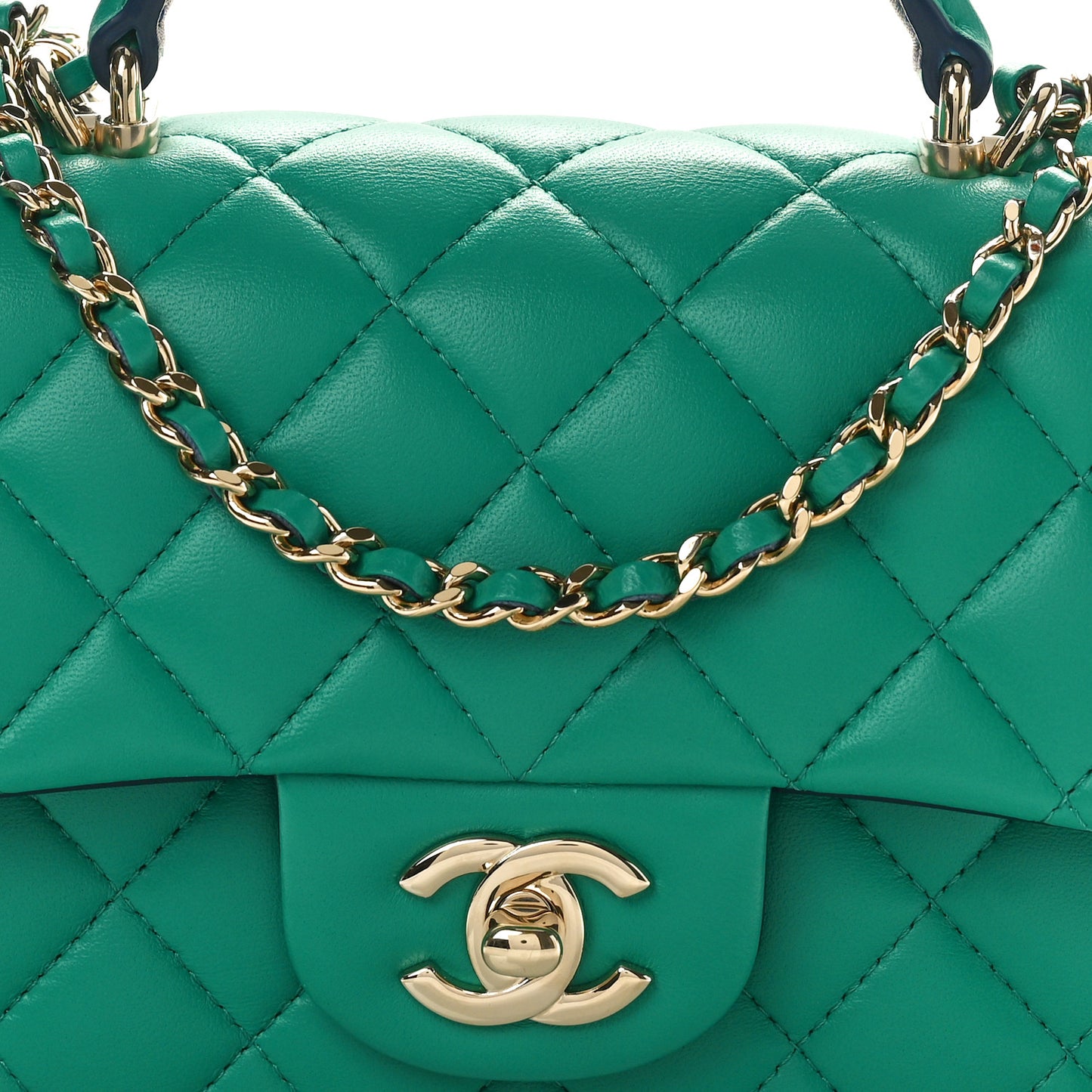 Lambskin Quilted Mini Top Handle Rectangular Flap Green Dark Blue