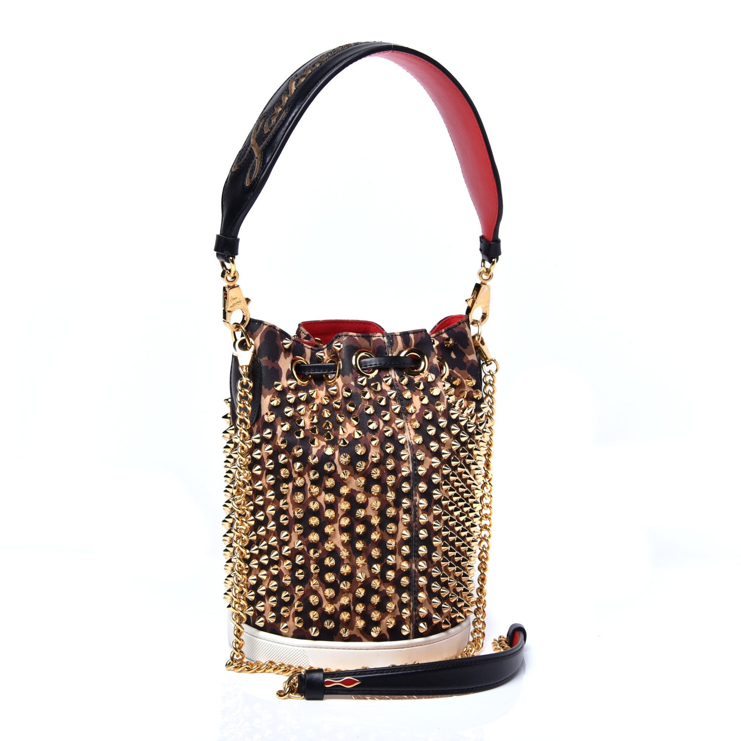 Neoprene Leopard Print Studded Marie Jane Loubirun Bucket Marron Black
