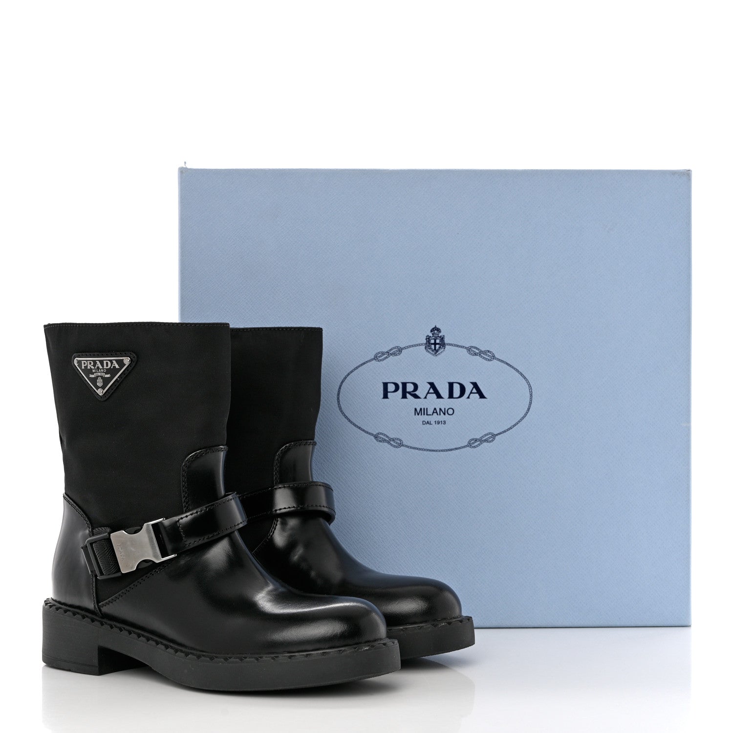 Prada Spazzolato Re-Nylon Metal Triangle Logo Buckled 50mm Biker Boots 35 Black 10 of 10
