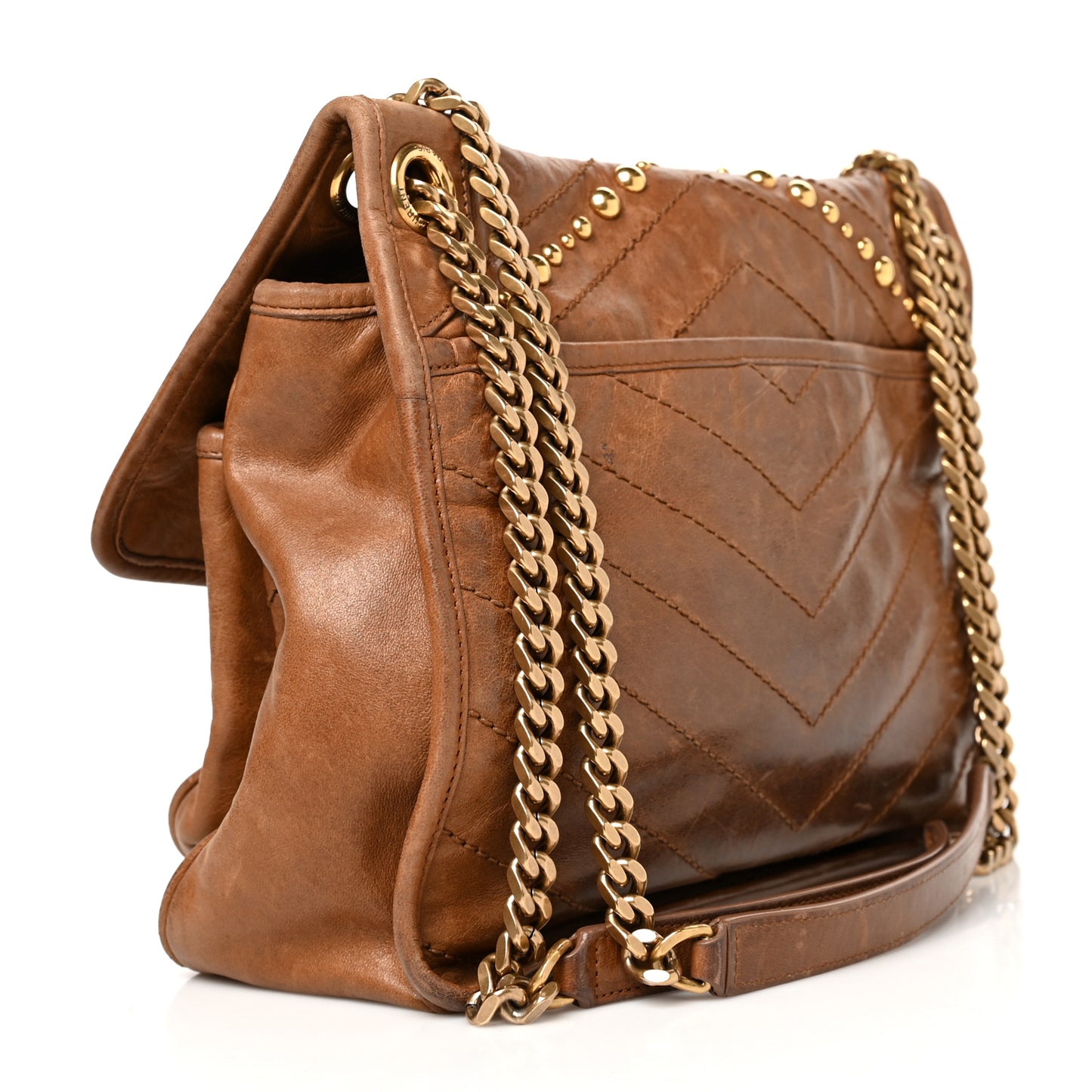 Crinkled Calfskin Matelasse Monogram Medium Niki Chain Satchel Brown