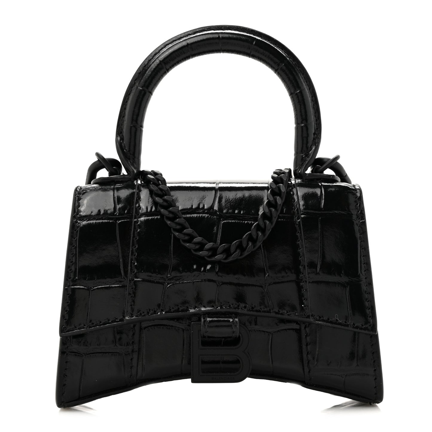 Shiny Calfskin Monochrome Crocodile Embossed Hourglass Top Handle Bag Mini with Chain Black