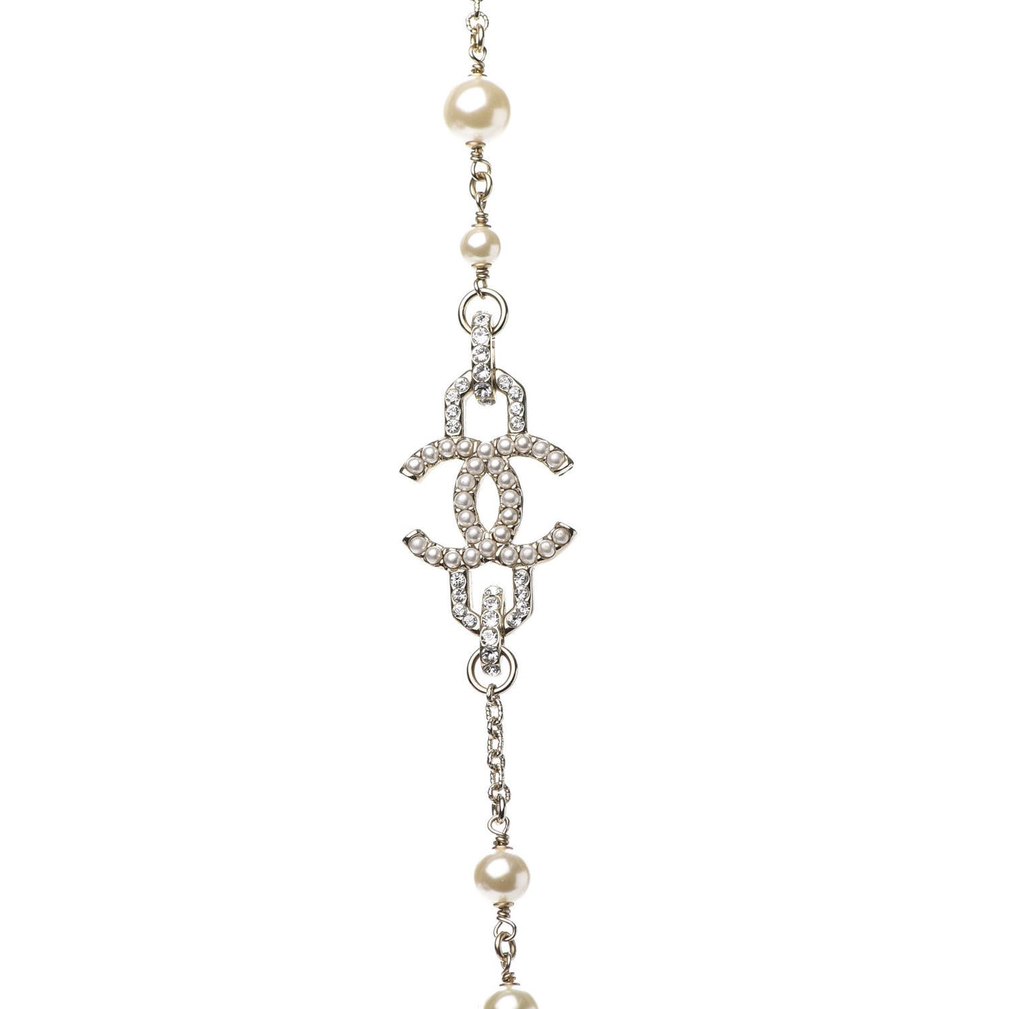 Graduated Pearl Crystal CC Long Necklace Gold Pearly White