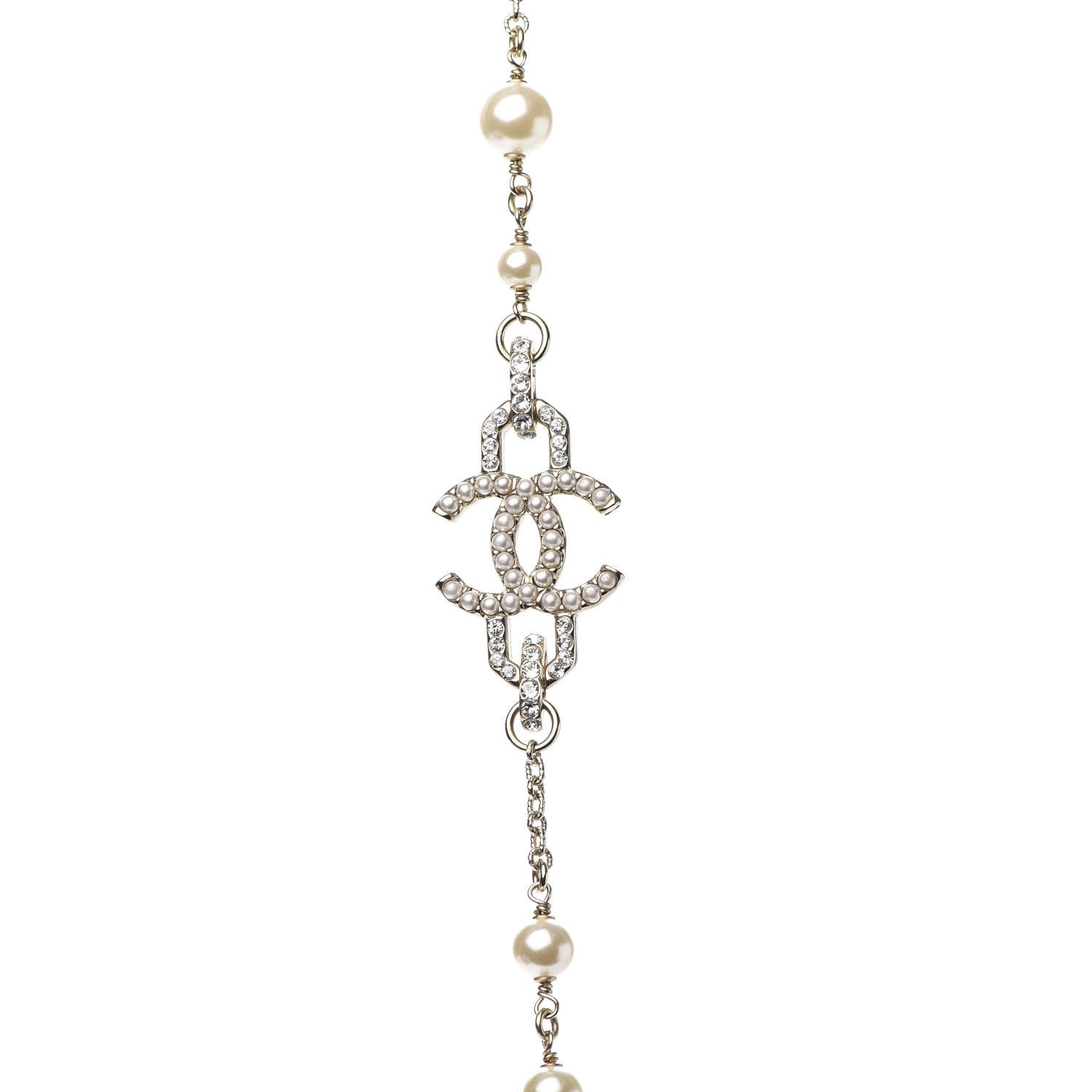Chanel Graduated Pearl Crystal CC Long Necklace Gold Pearly White 4 of 6