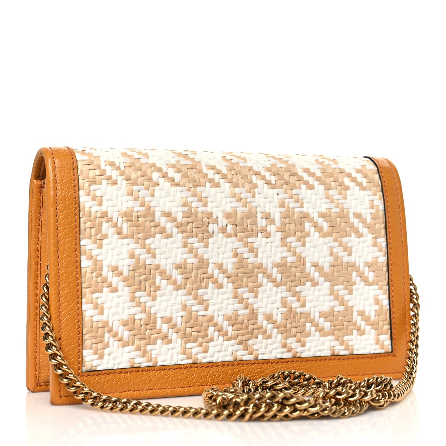 Polished Raffia Textured Dollar Calfskin Houndstooth Mini Diana Chain Bag Natural Sun Oil Mystic White
