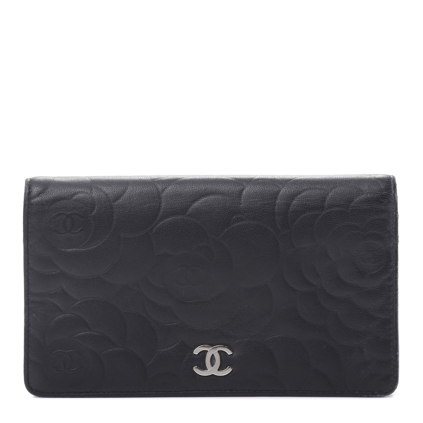 Lambskin Camellia Embossed Yen Wallet Black