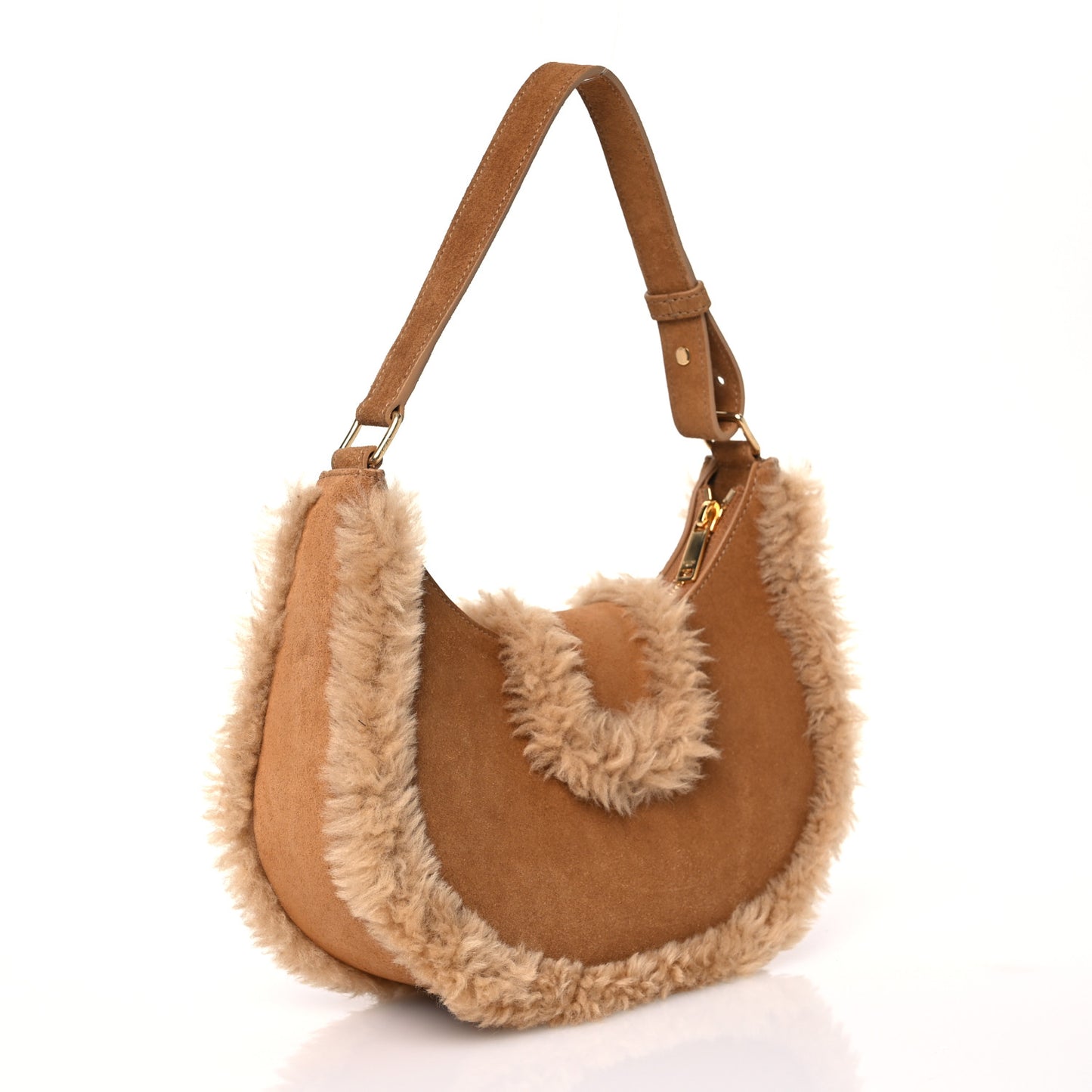 Suede Calfskin Shearling Medium Strap Ava Triomphe Shoulder Bag Tobacco