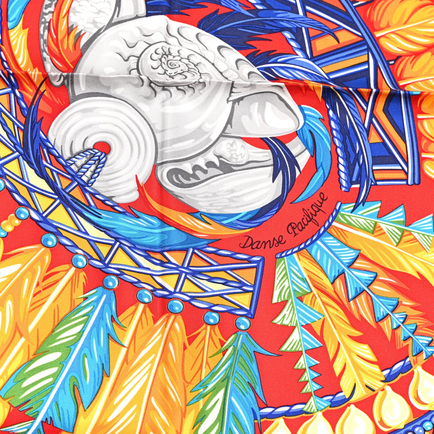 Hermes Silk La Danse Pacifique Scarf 90 Rouge Bleu Vif Bouton D'O 3 of 6