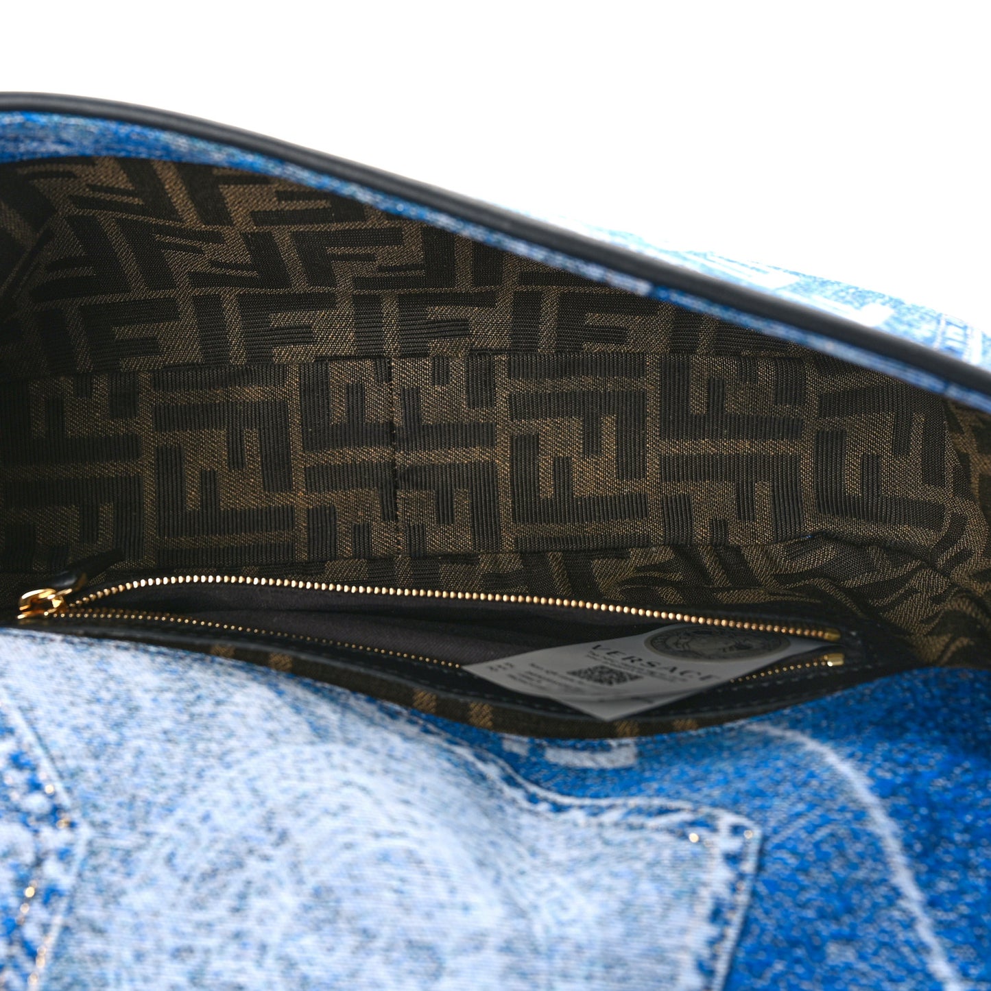 X FENDI Fabric Calfskin Medusa Denim Patchwork Print Baguette Blue Black Gold