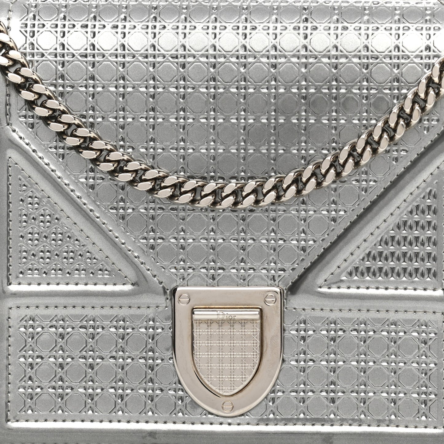 Metallic Patent Micro-Cannage Diorama Wallet on Chain Pouch Silver