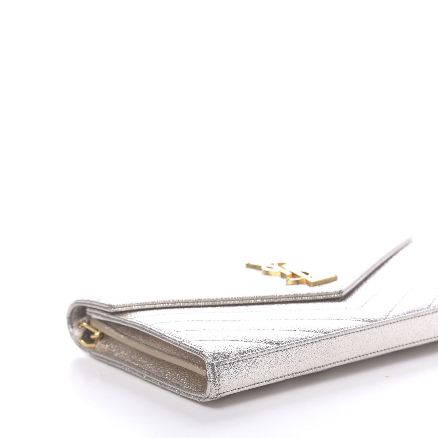 Metallic Crackled Calfskin Matelasse Chevron Monogram Chain Wallet Platine