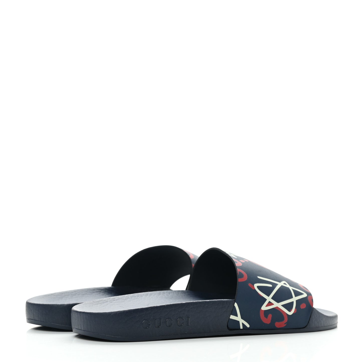 Calfskin GucciGhost Print Womens Slide Sandals 37 Blue Agata Hibiscus Red