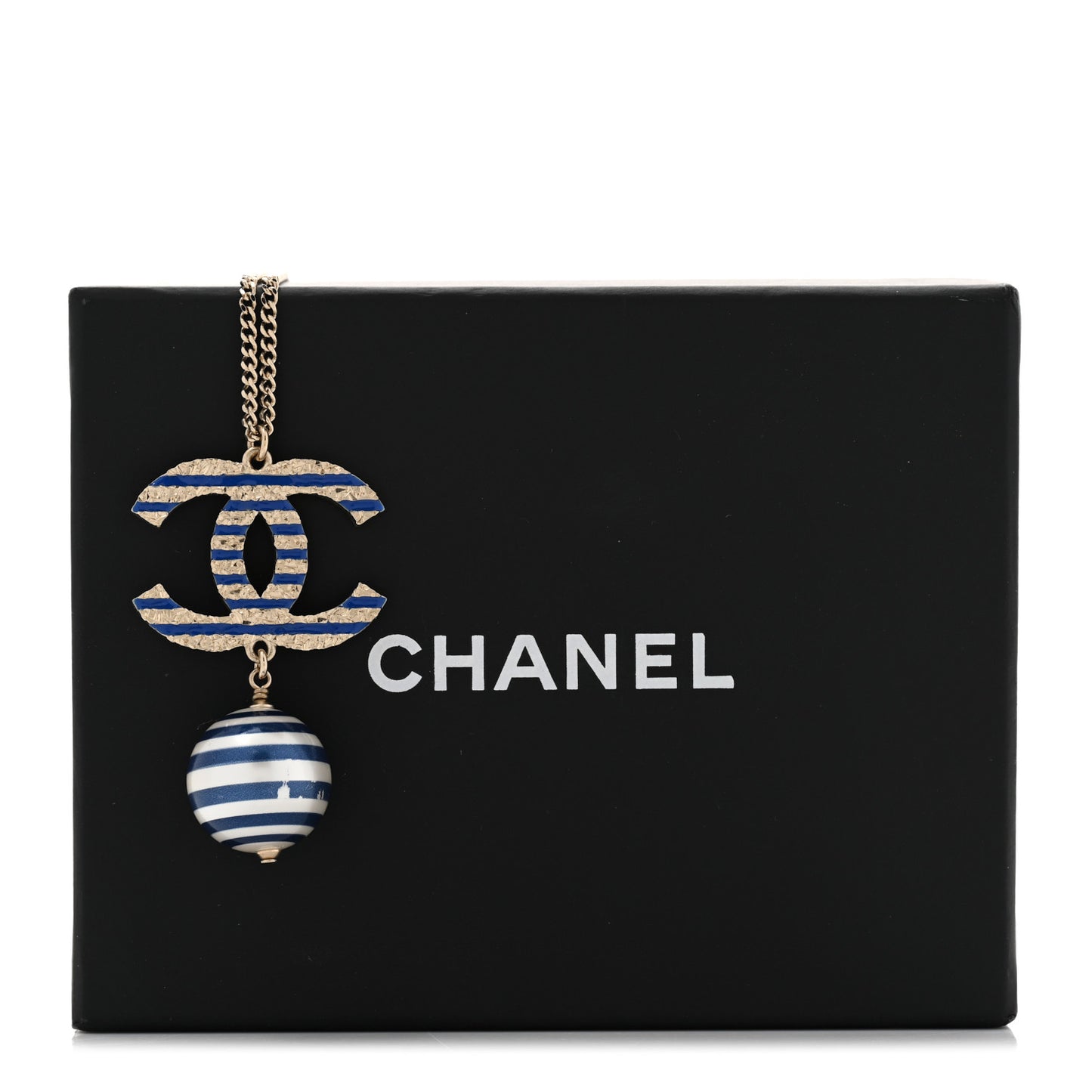 Resin Pearl Striped CC Drop Necklace Blue Gold