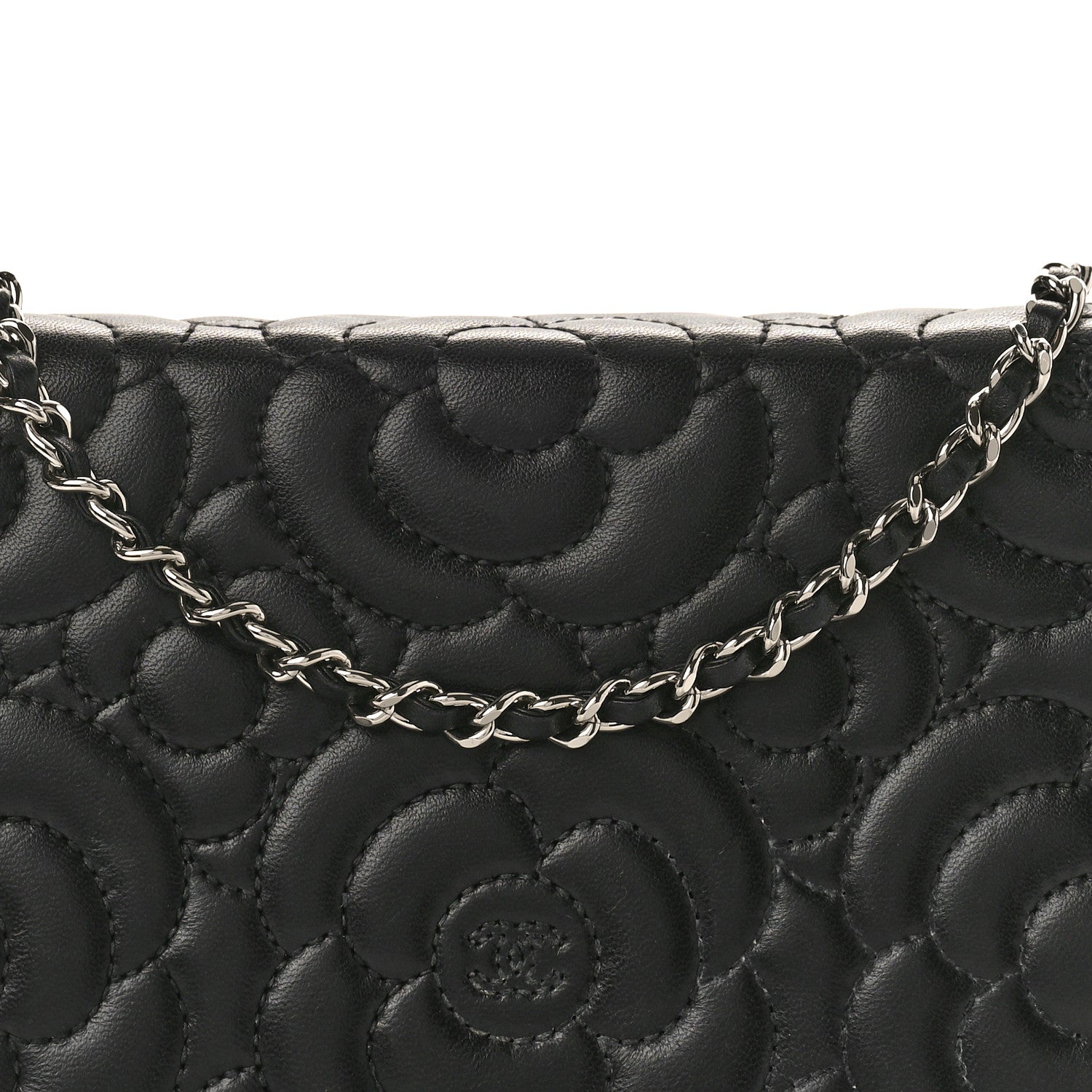 Chanel Lambskin Camellia Quilted Wallet On Chain WOC Black 8 of 11