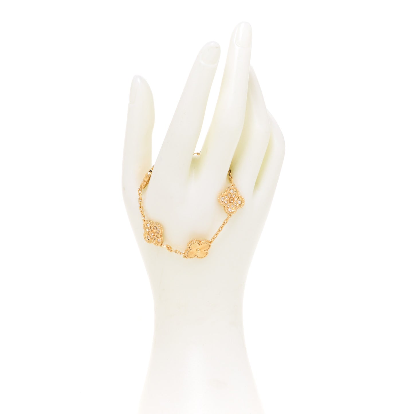 18K Yellow Gold Diamond 5 Motifs Guilloche Vintage Alhambra Bracelet