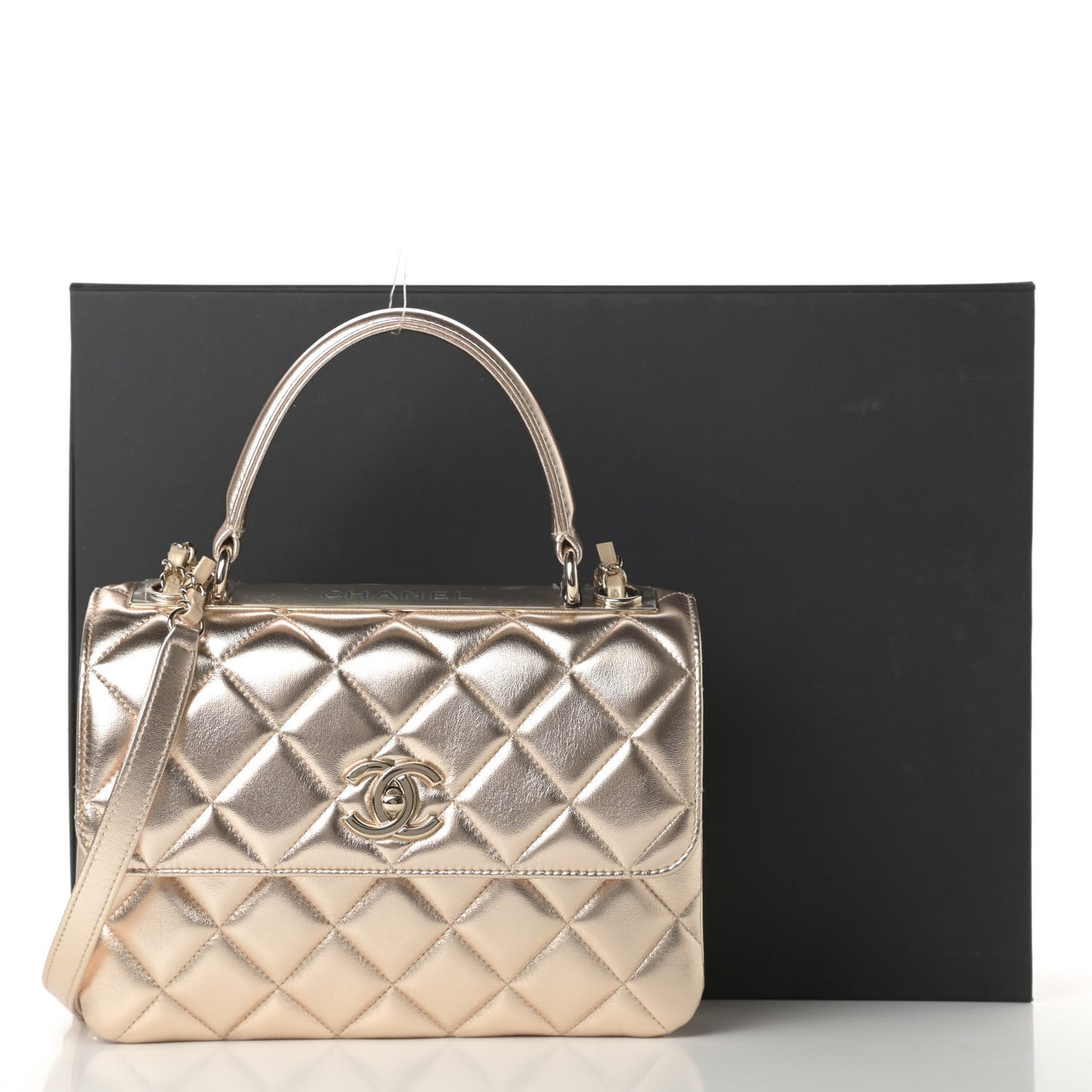 Metallic Lambskin Quilted Small Trendy CC Flap Dual Handle Bag Gold
