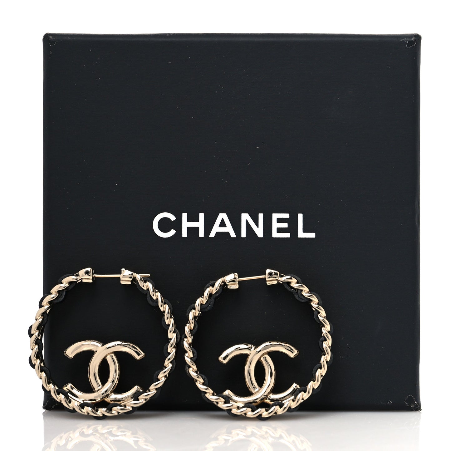 Lambskin CC Chain Hoop Earrings Black Gold