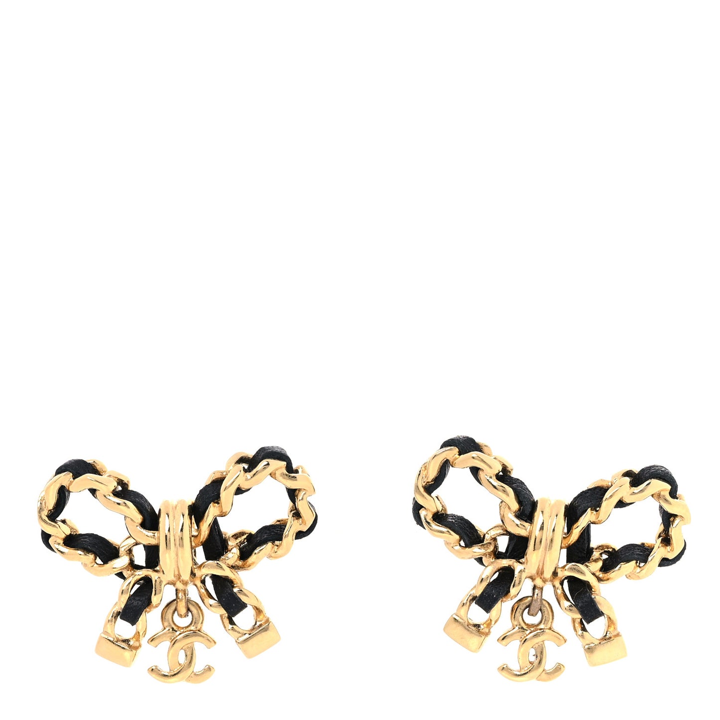 Lambskin Chain Bow Stud Earrings Black Gold