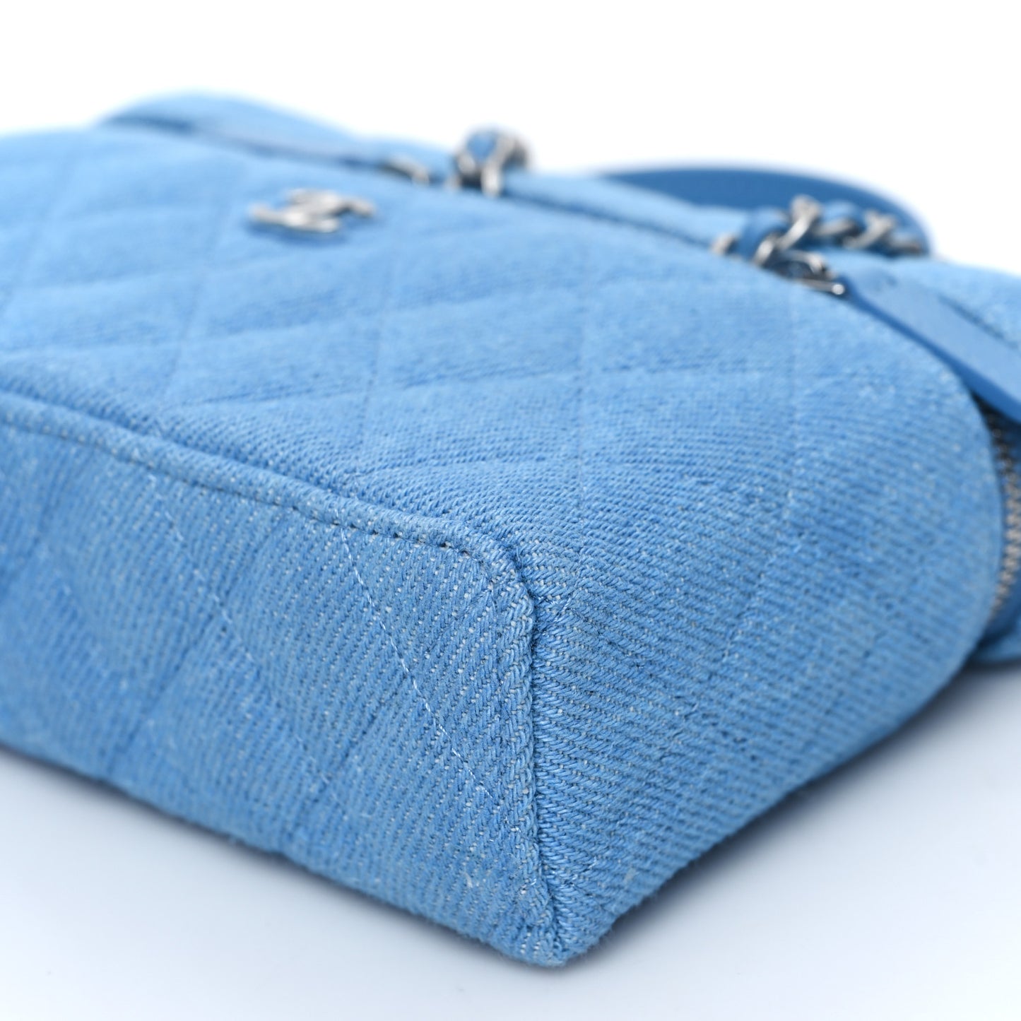 Denim Quilted Top Handle Slim Vanity Case With Chain Blue