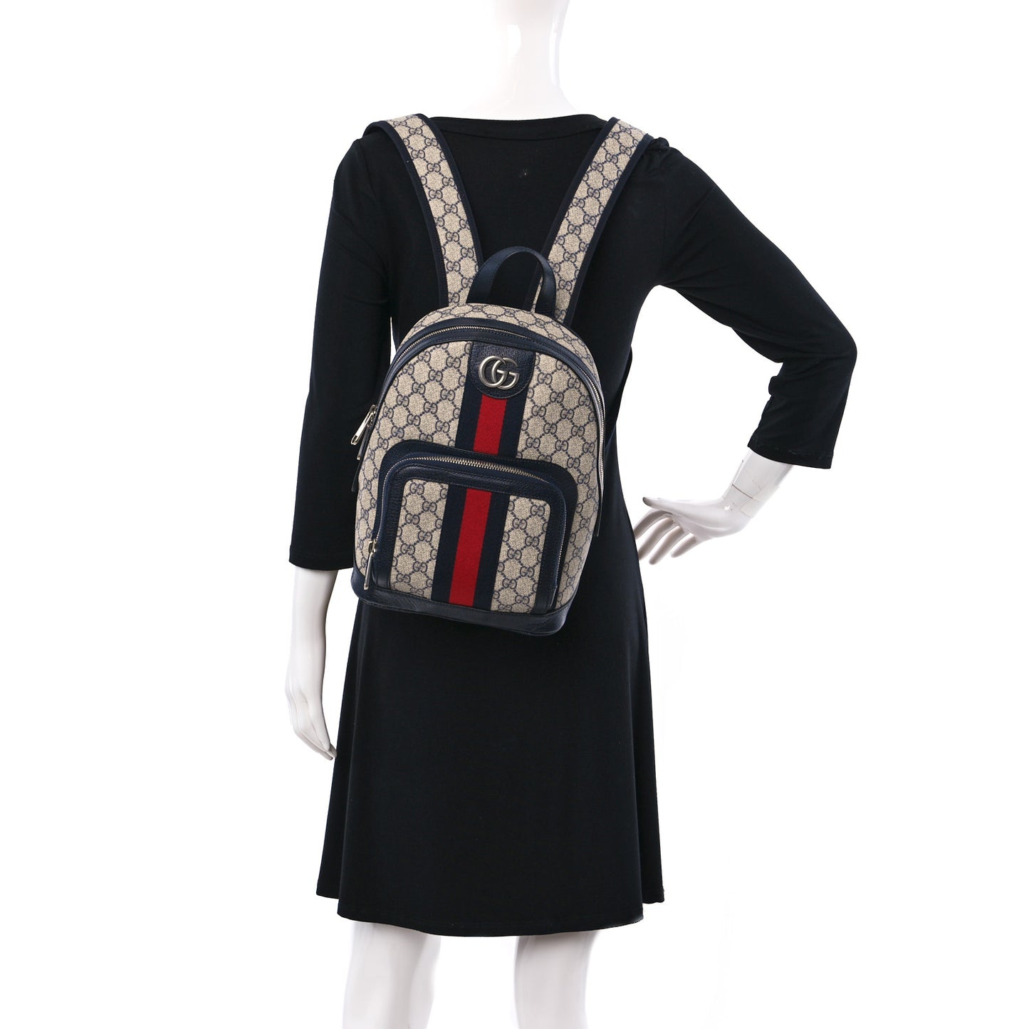 GG Supreme Monogram Textured Dollar Calfskin Web Small Ophidia Day Backpack Beige Blue Black