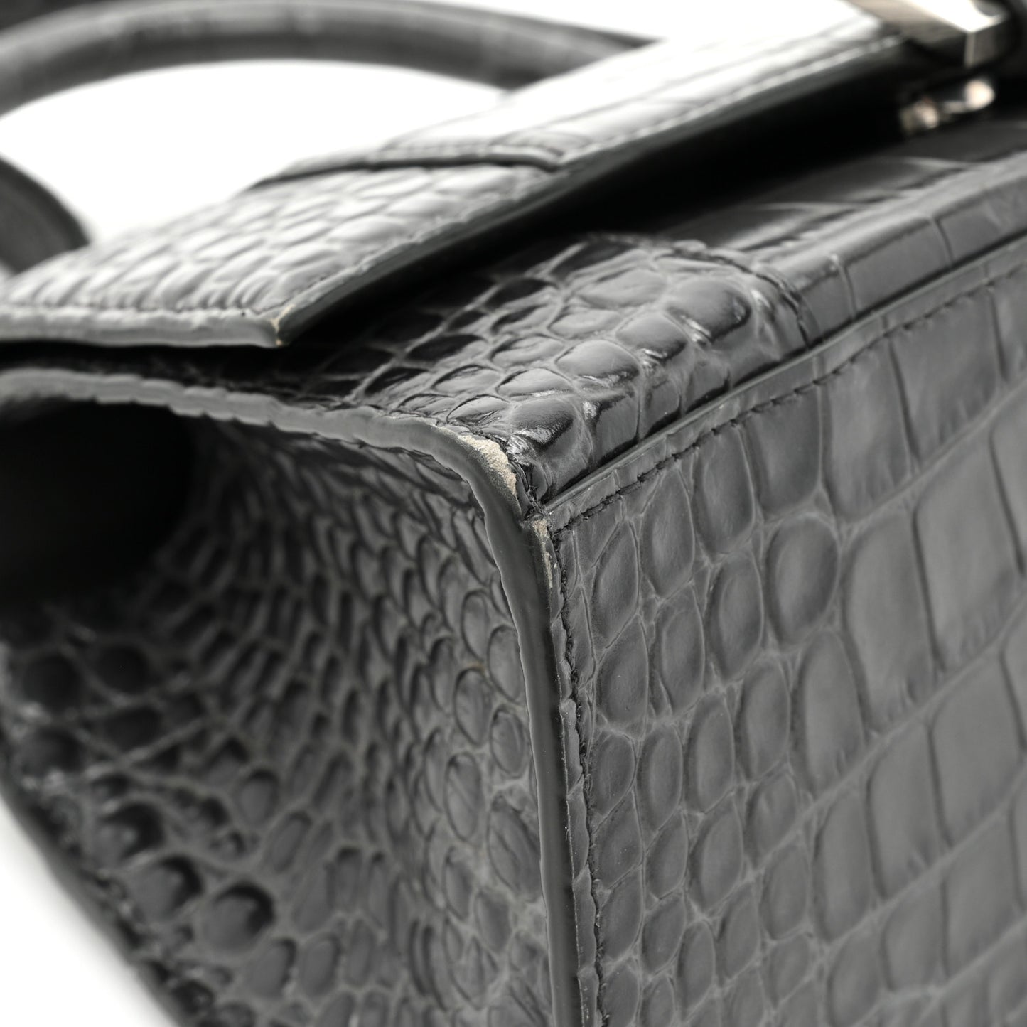 Shiny Calfskin Crocodile Embossed Small Hourglass Top Handle Bag Dark Grey