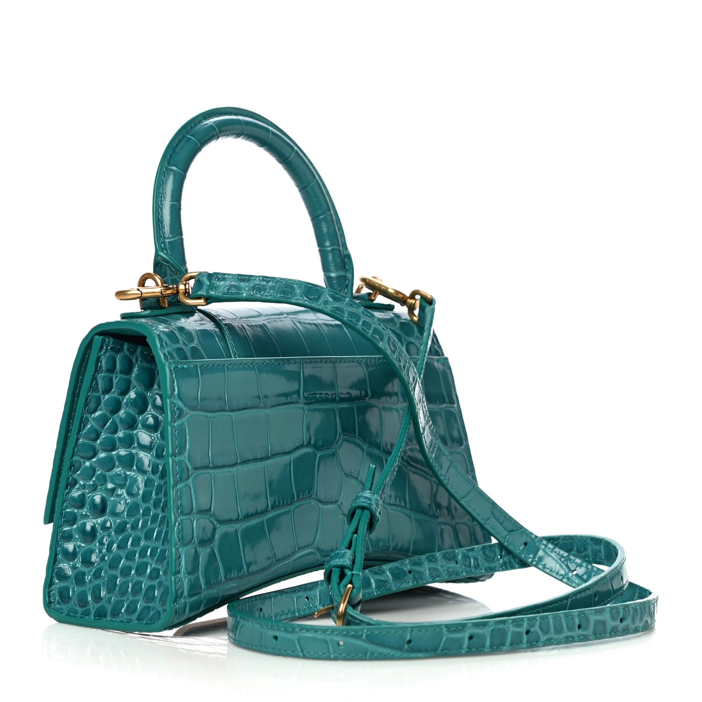 Shiny Calfskin Crocodile Embossed Hourglass Top Handle Bag XS Dark Turquoise