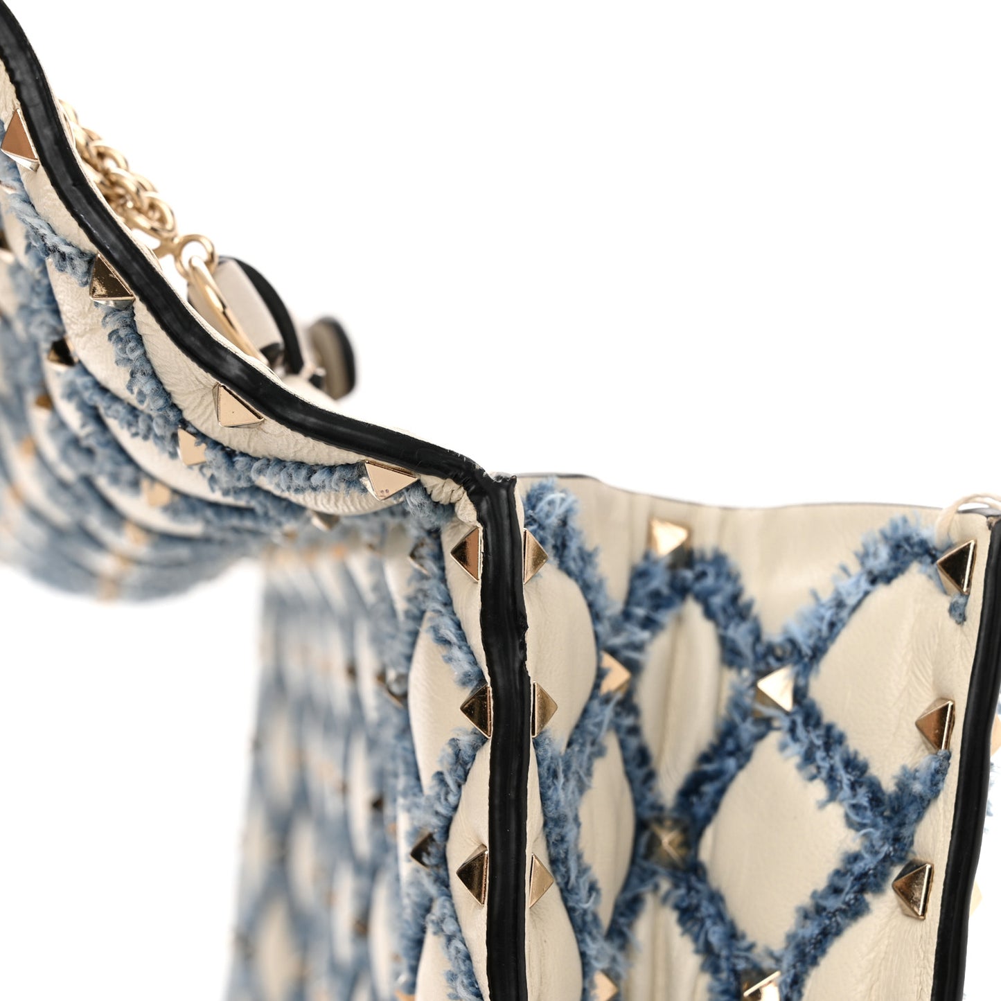 Nappa Denim Quilted Rockstud Spike Wallet on Chain Ivory Blue