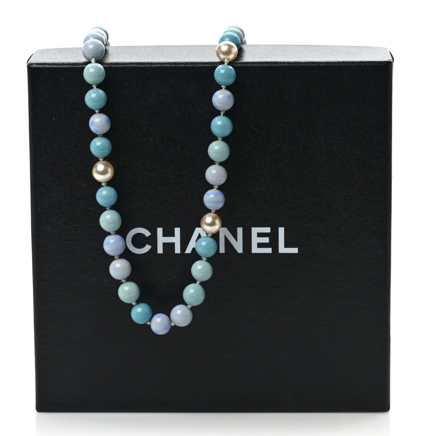 Pearl Beaded Ribbon Necklace Blue