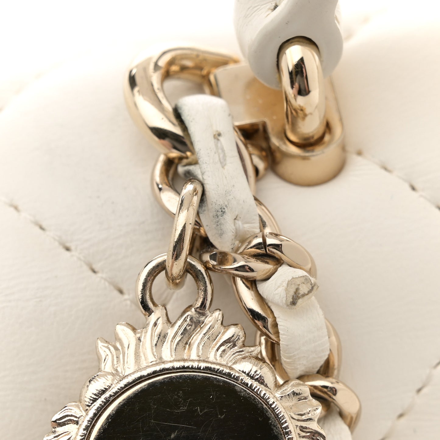 Lambskin Quilted Mini Lion Charm Top Handle Rectangular Flap White