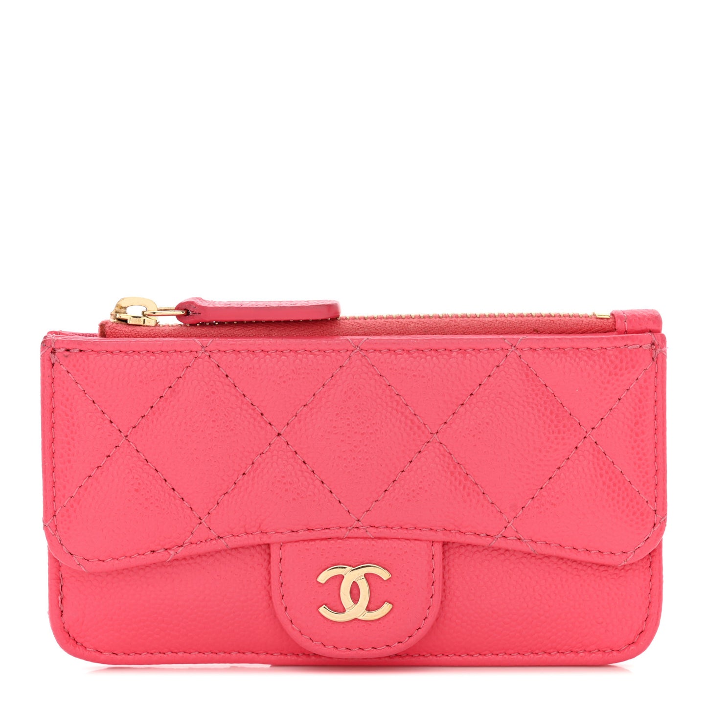 Caviar Quilted Flap Zip Card Holder Dark Pink
