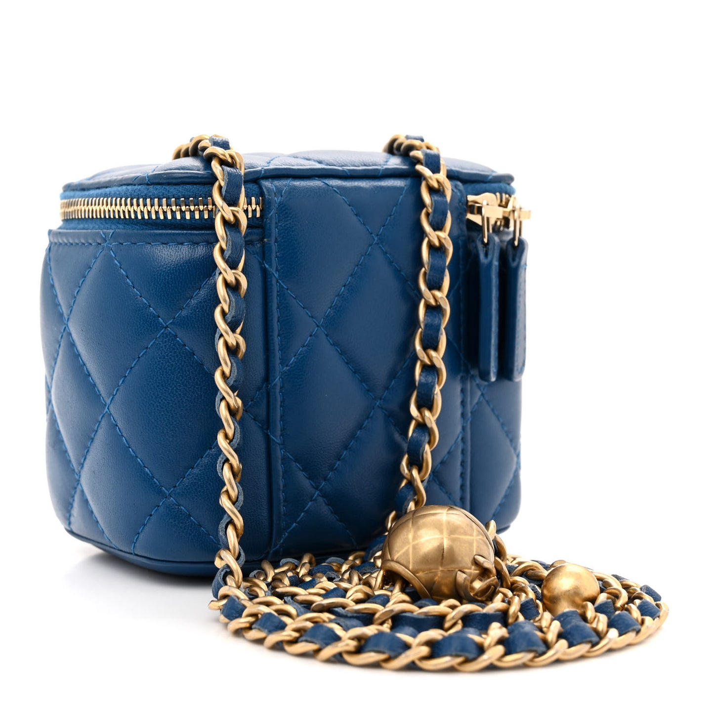 Lambskin Quilted Pearl Crush Mini Vanity Case With Chain Navy Blue