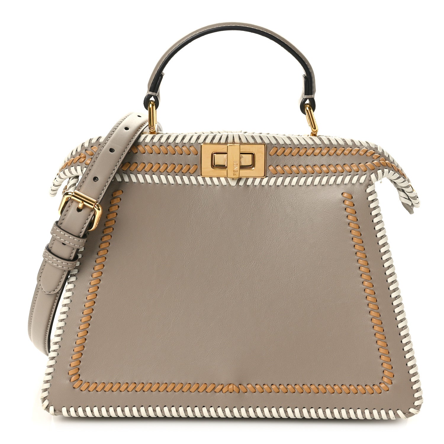 Fendi Vitello Grace Shiny Nappa Helix Woven Small Peekaboo I SEE U Satchel Tortora Miele Scuro White Rice 1 of 9