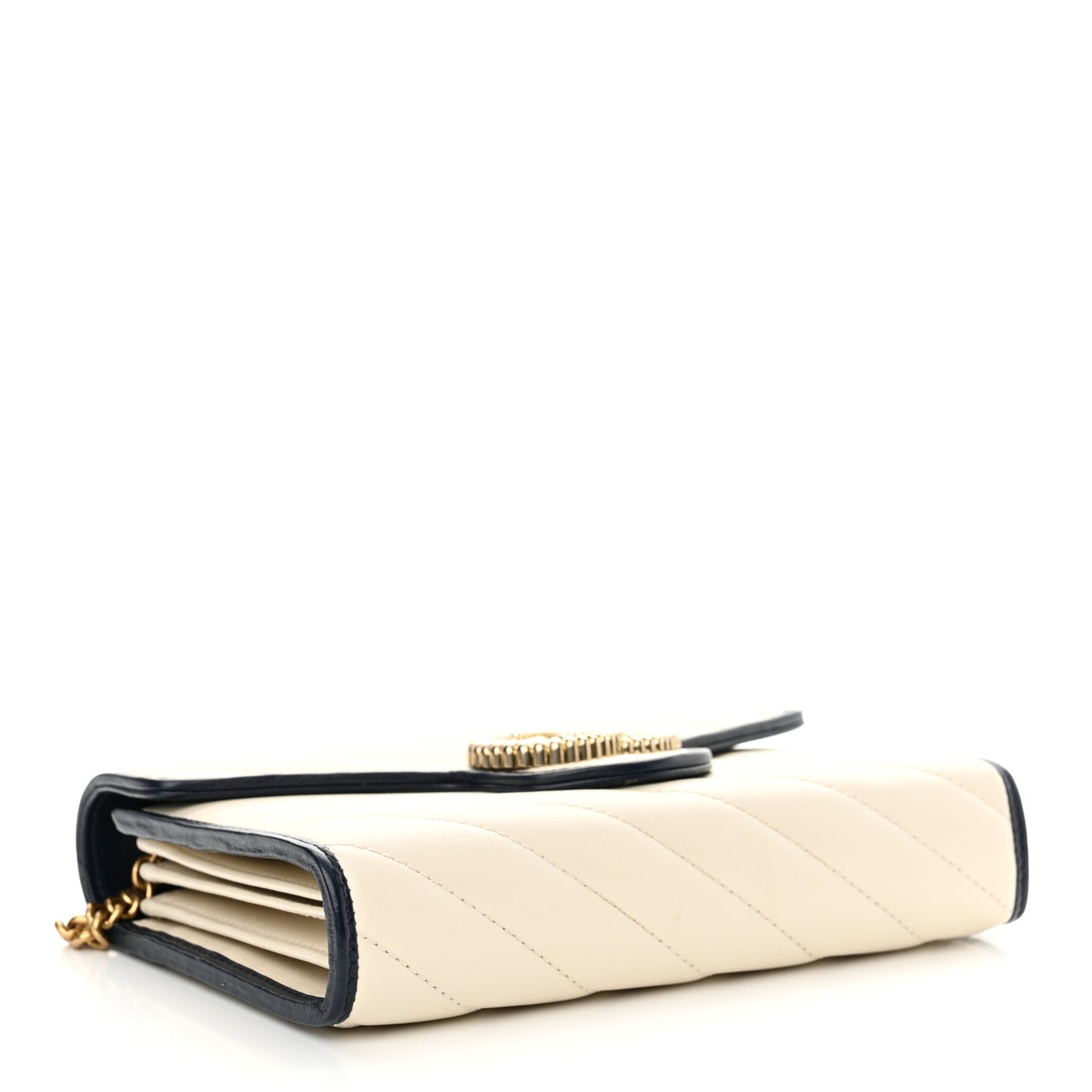 Vintage Effect Calfskin Matelasse Diagonal Torchon GG Marmont Chain Wallet Mystic White Blue Agata