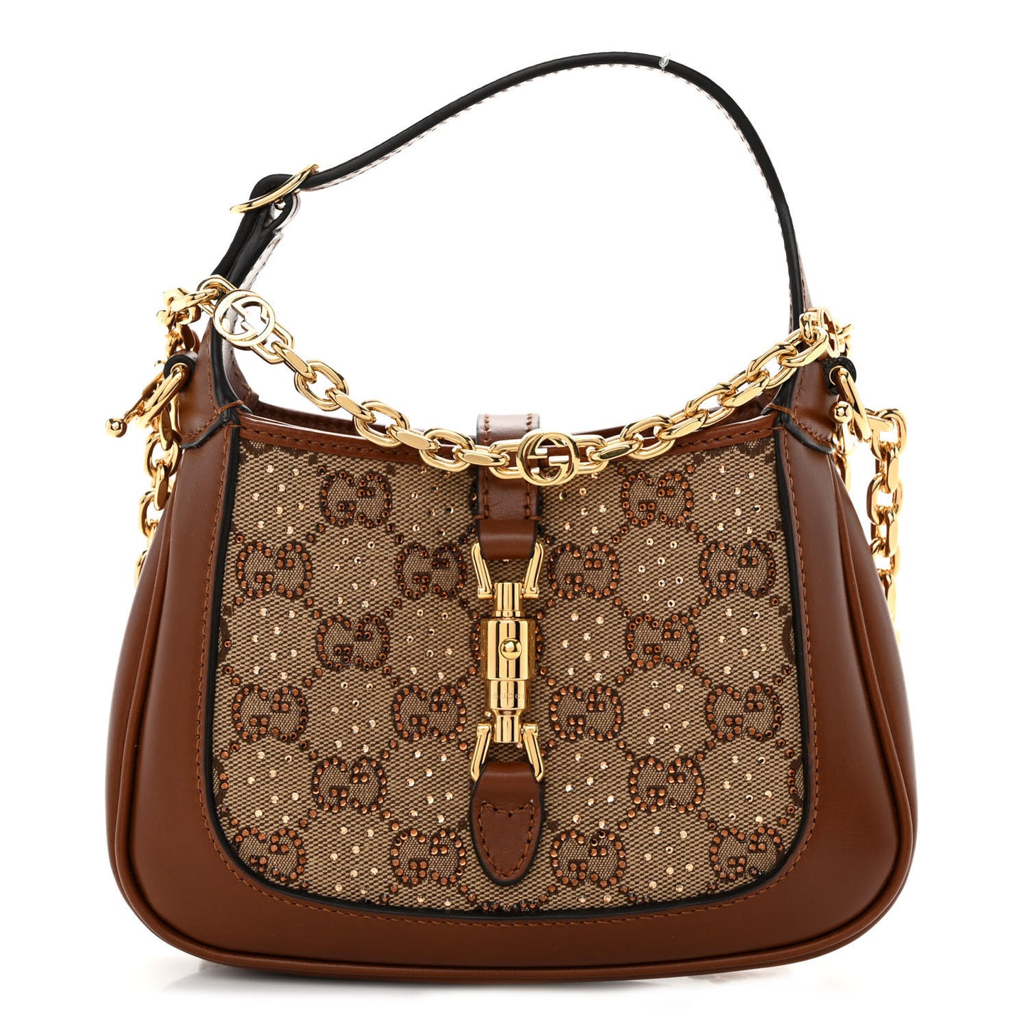 New Canvas Charisma Calfskin Crystal GG Monogram Mini Jackie 1961 Hobo Camel Ebony