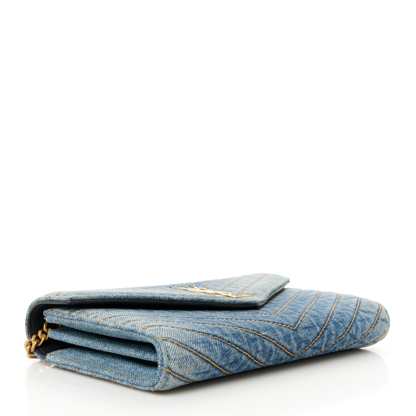 Denim Matelasse Chevron Monogram Chain Wallet Blue Jeans