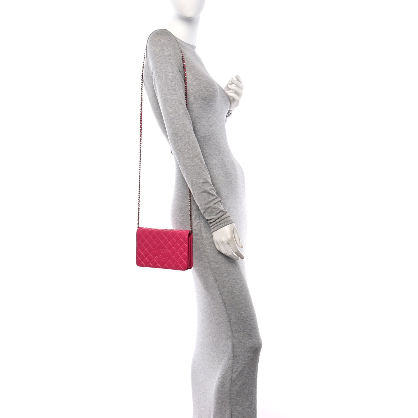 Lambskin Quilted Diamond CC Wallet On Chain WOC Pink