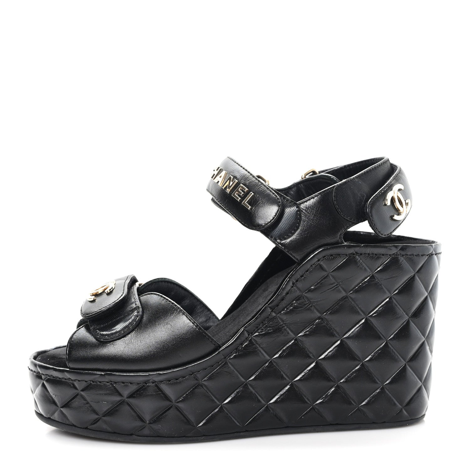 CHANEL サンダル　　37 Chanel Shiny Calfskin Quilted Wedge Sandals 37 Black 1807764