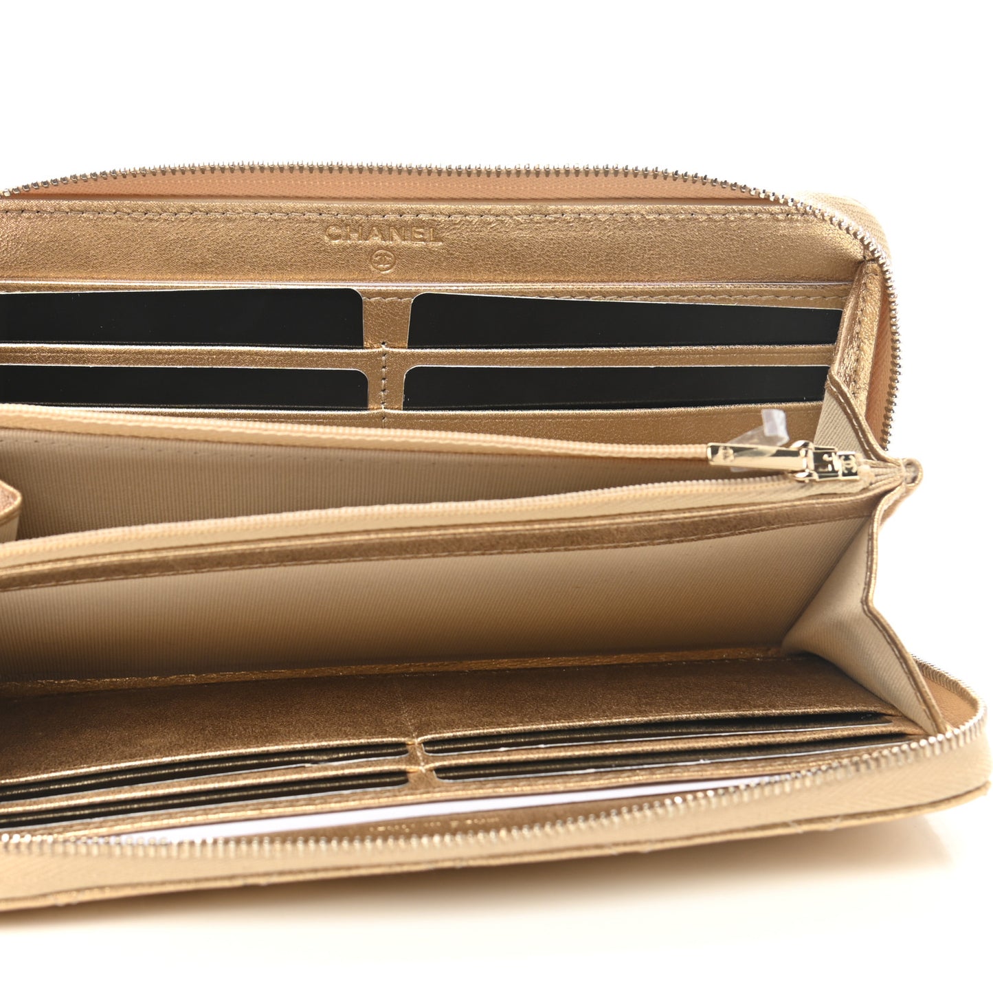 Metallic Lambskin Quilted Large Gusset Zip Around Wallet Gold