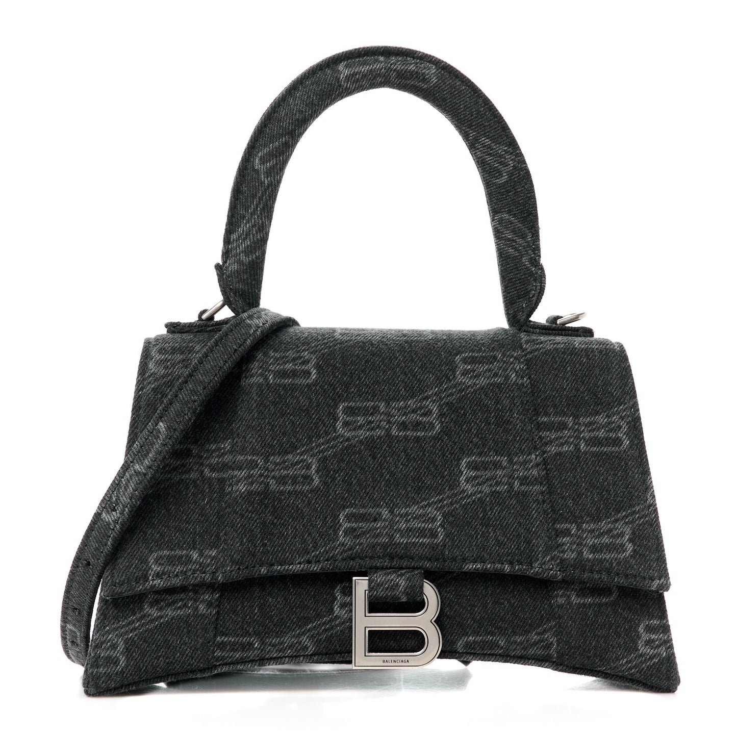 Washed Denim BB Monogram Small Hourglass Top Handle Bag Black