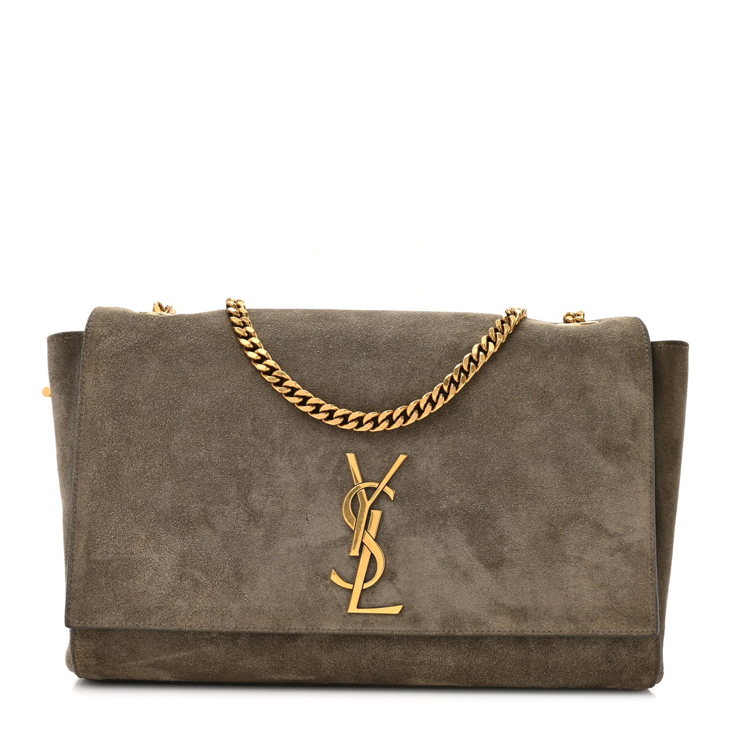 Smooth Calfskin Suede Medium Reversible Monogram Kate Satchel Taupe